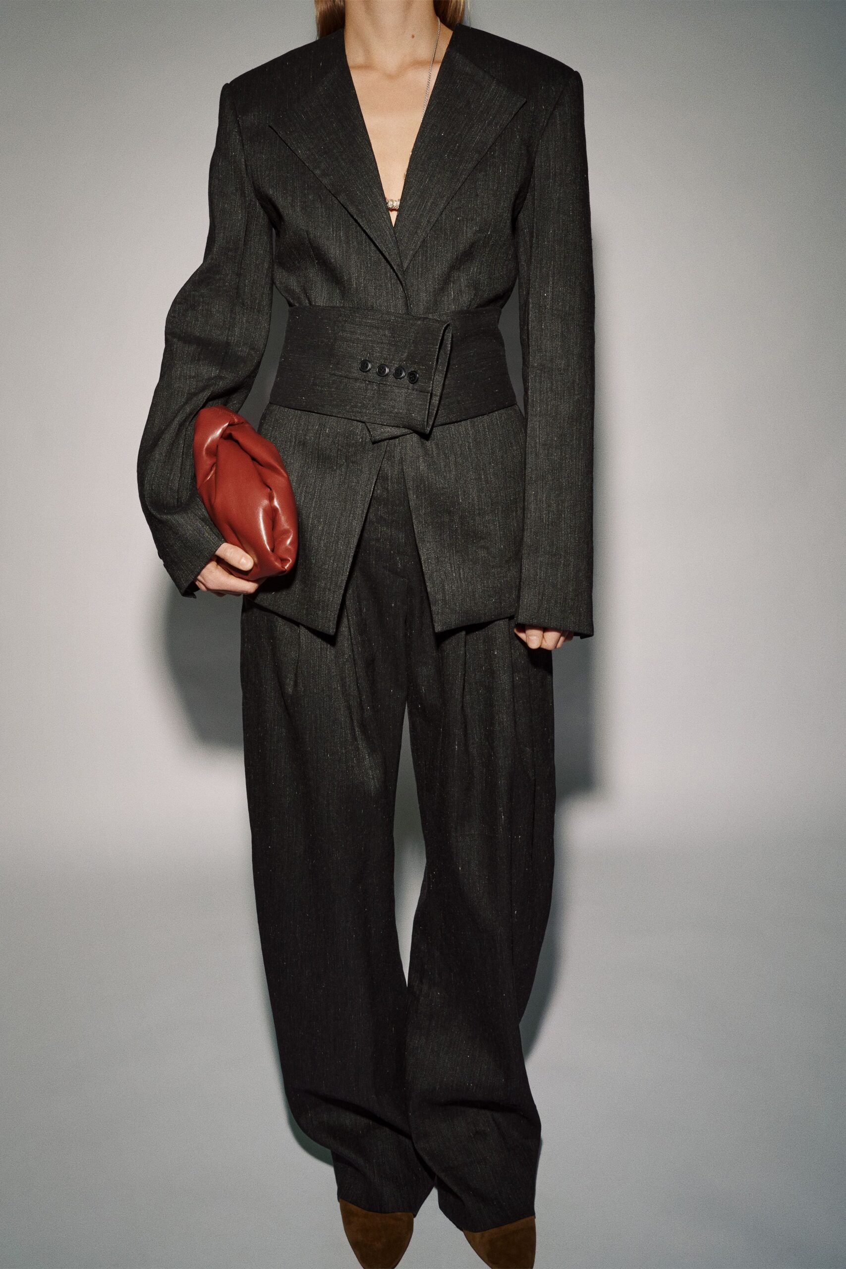 black tailored blazer with wide-leg pants