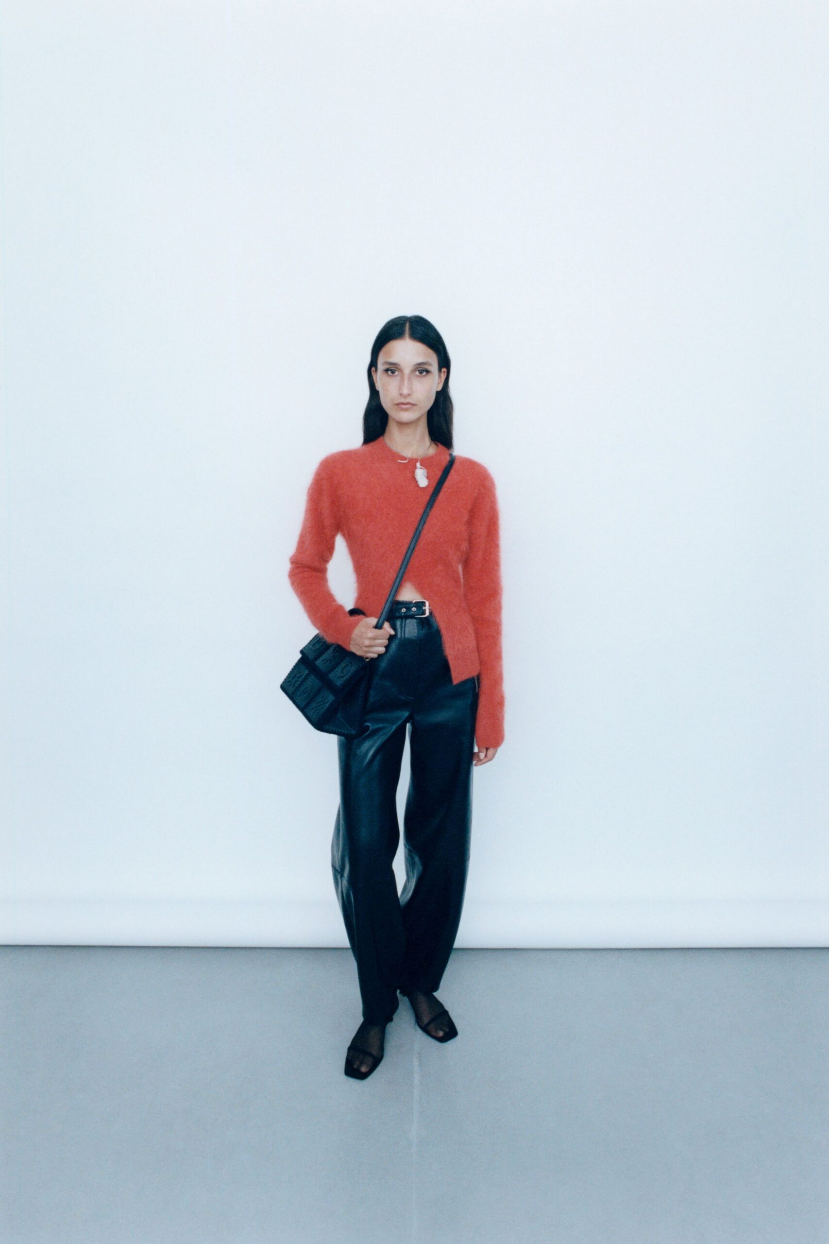 red wool long-sleeve collared relaxed sweater