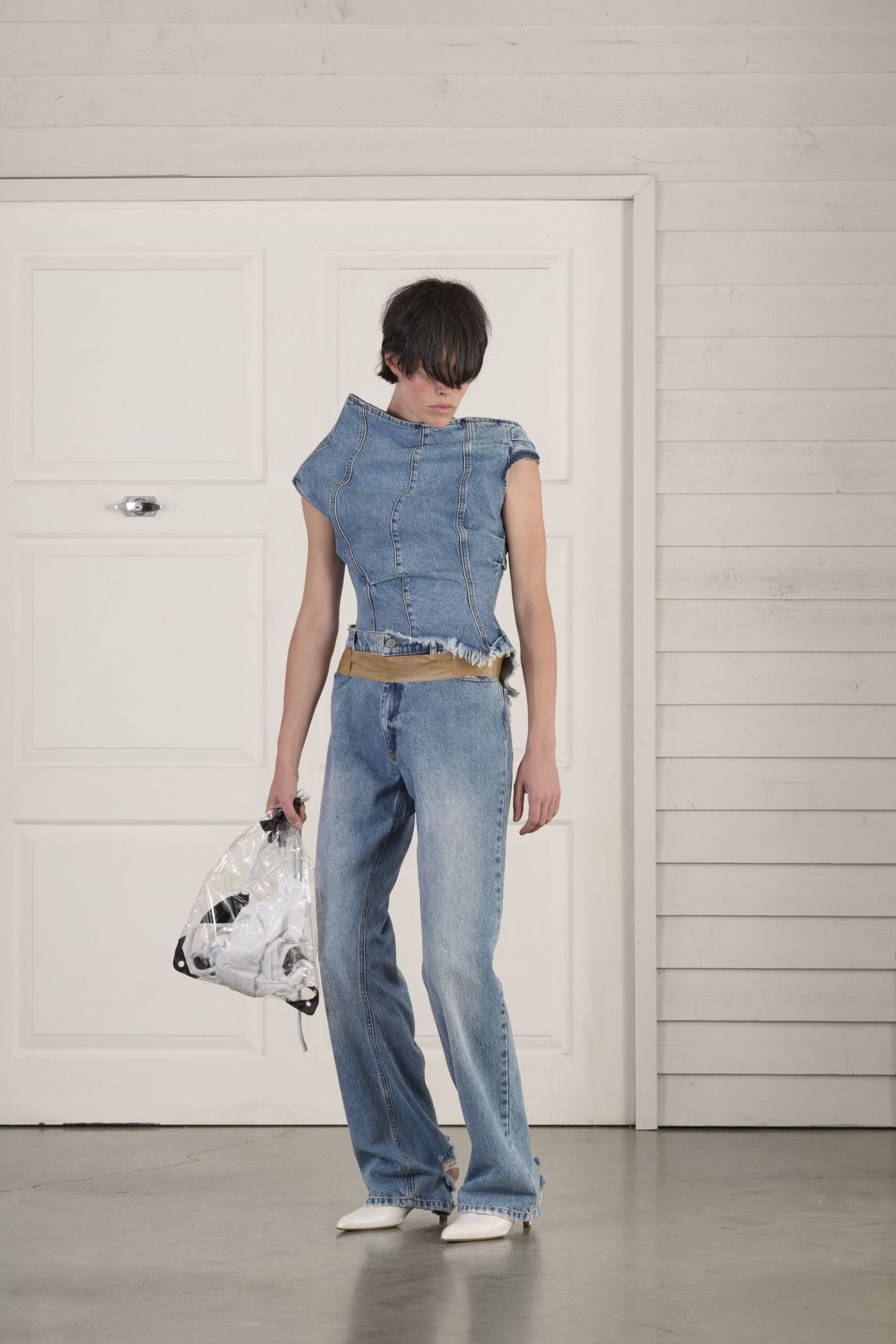 blue denim sleeveless collared fitted fringed top