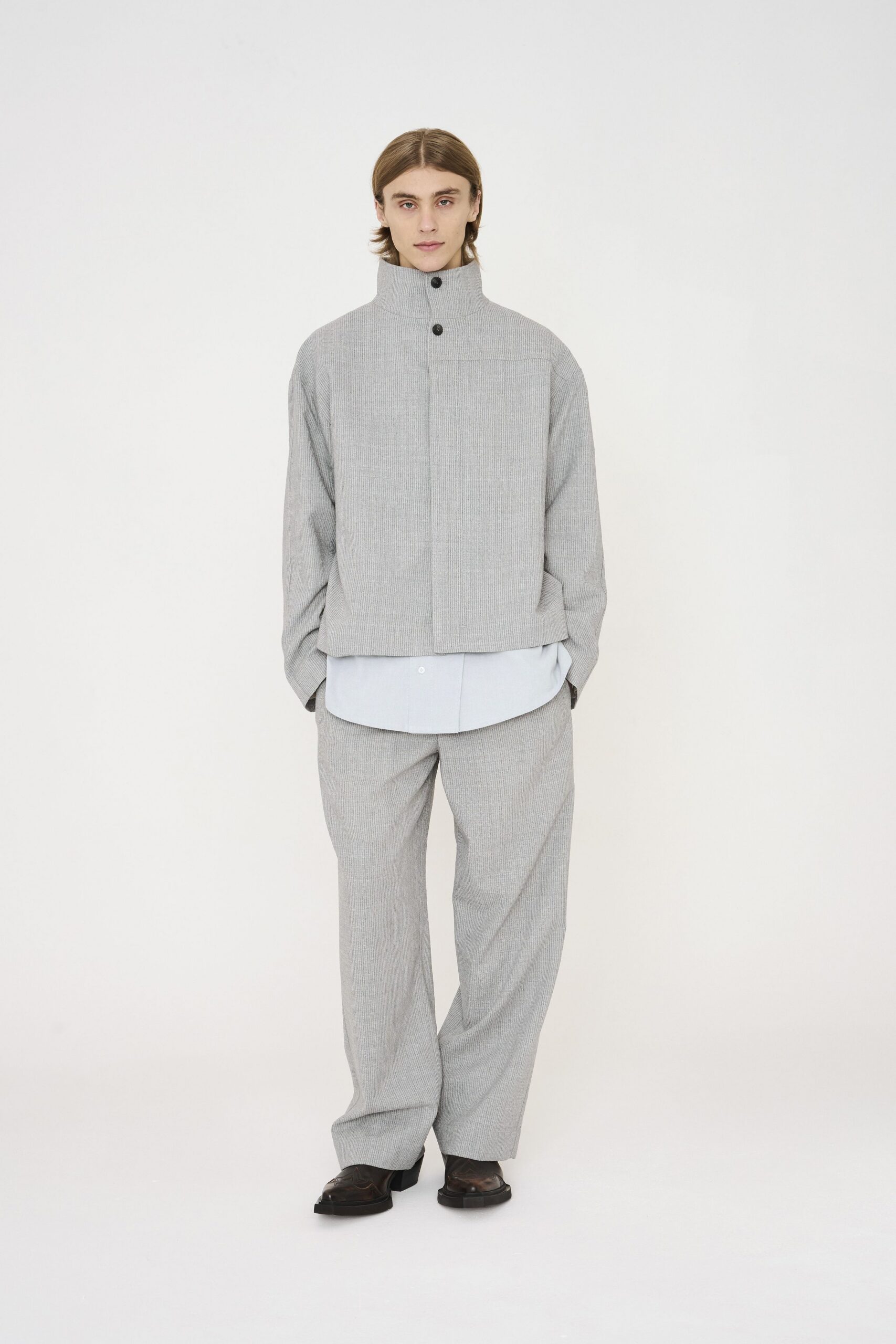 gray relaxed jacket with white shirt