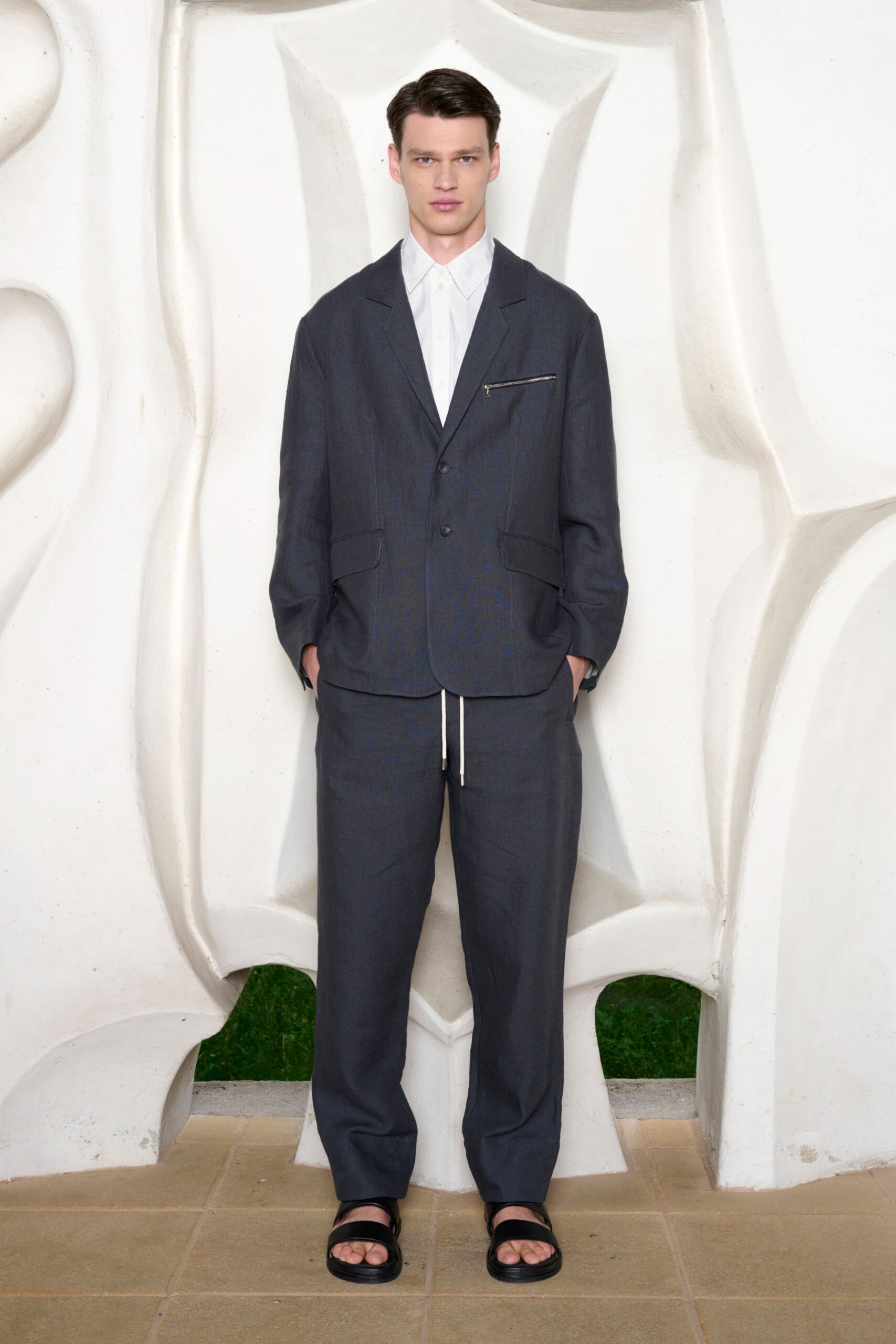 gray tailored suit with relaxed pants