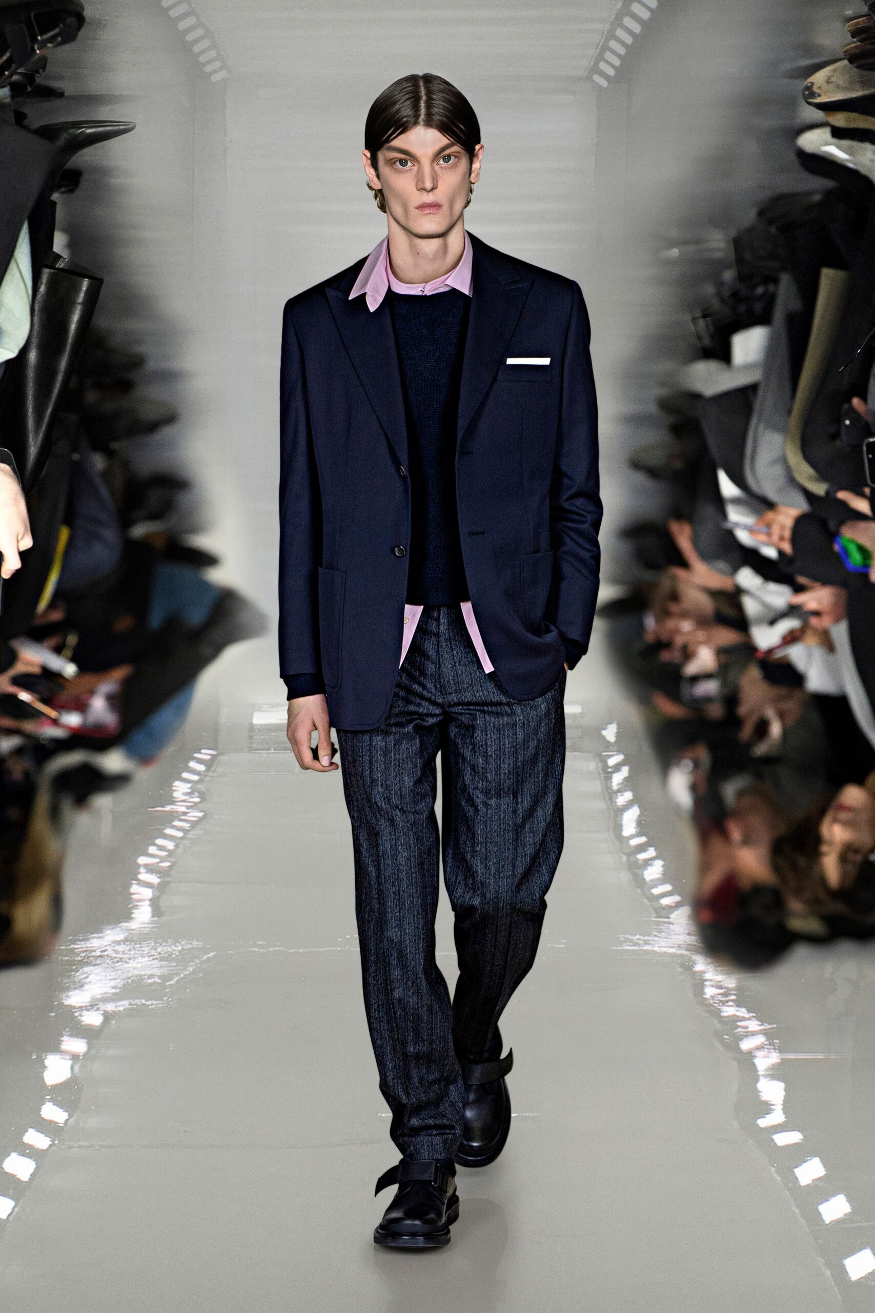 navy tailored suit with pink shirt