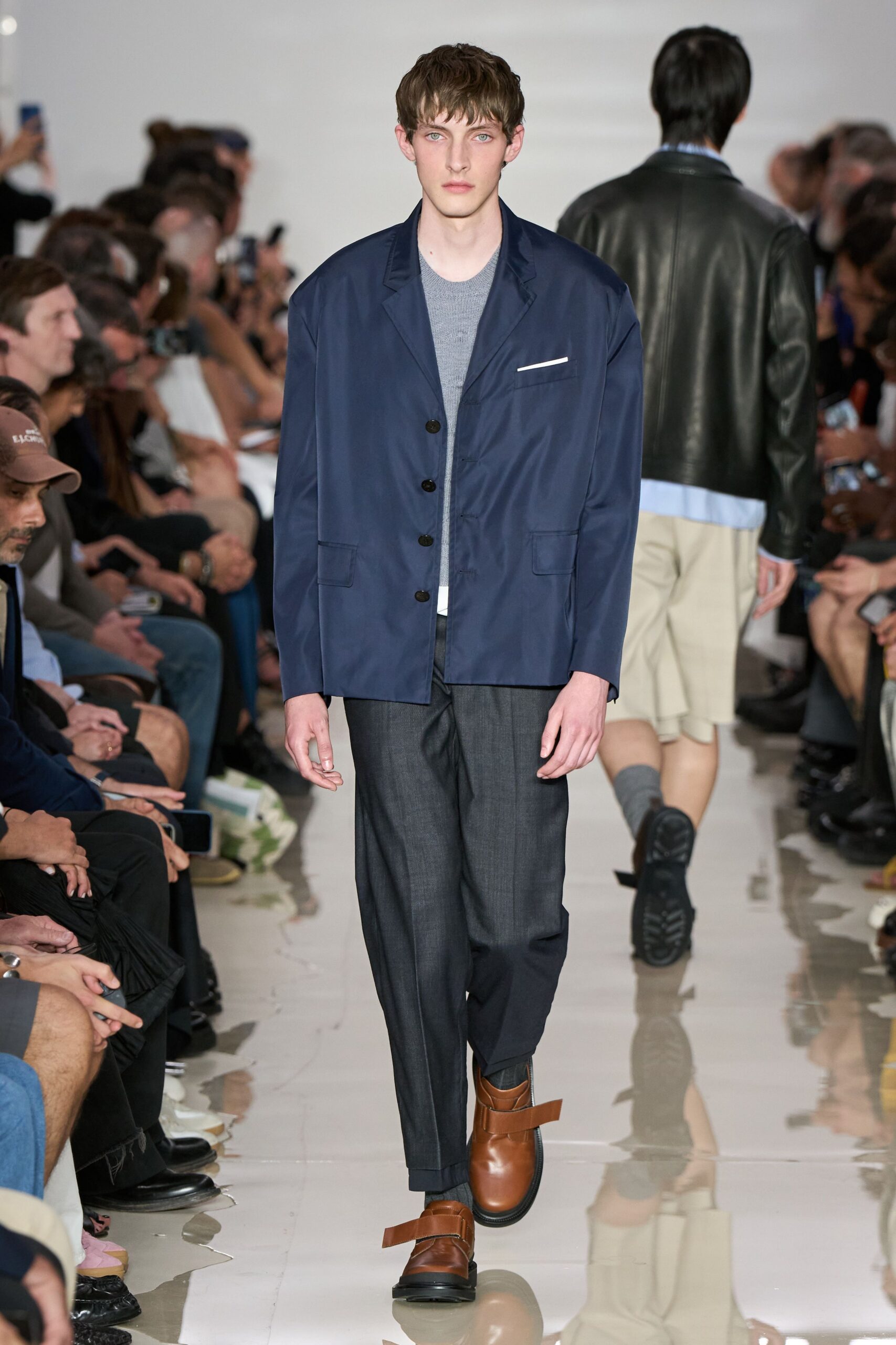 blue jacket gray shirt tailored pants