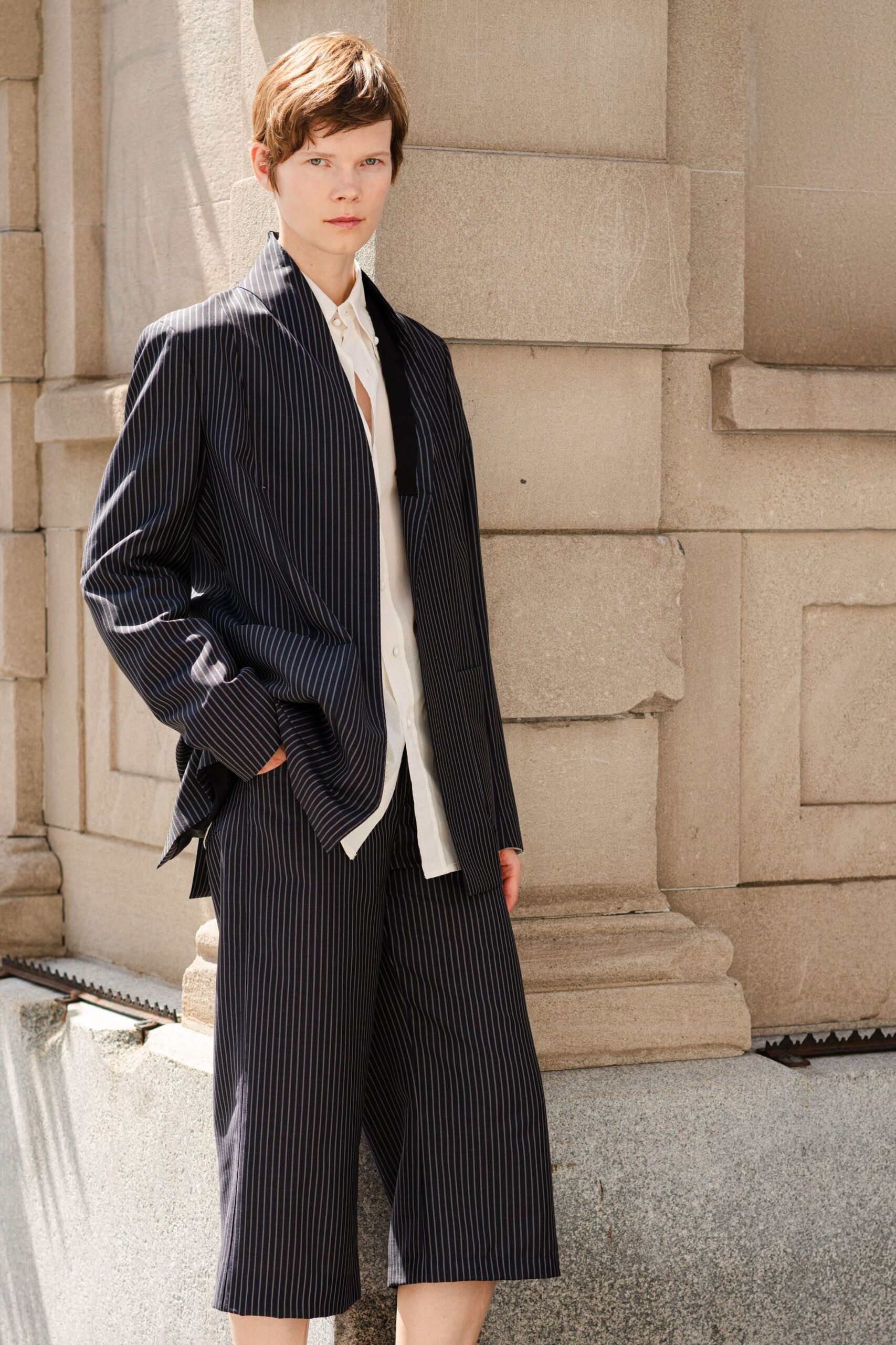 tailored black striped blazer and white shirt