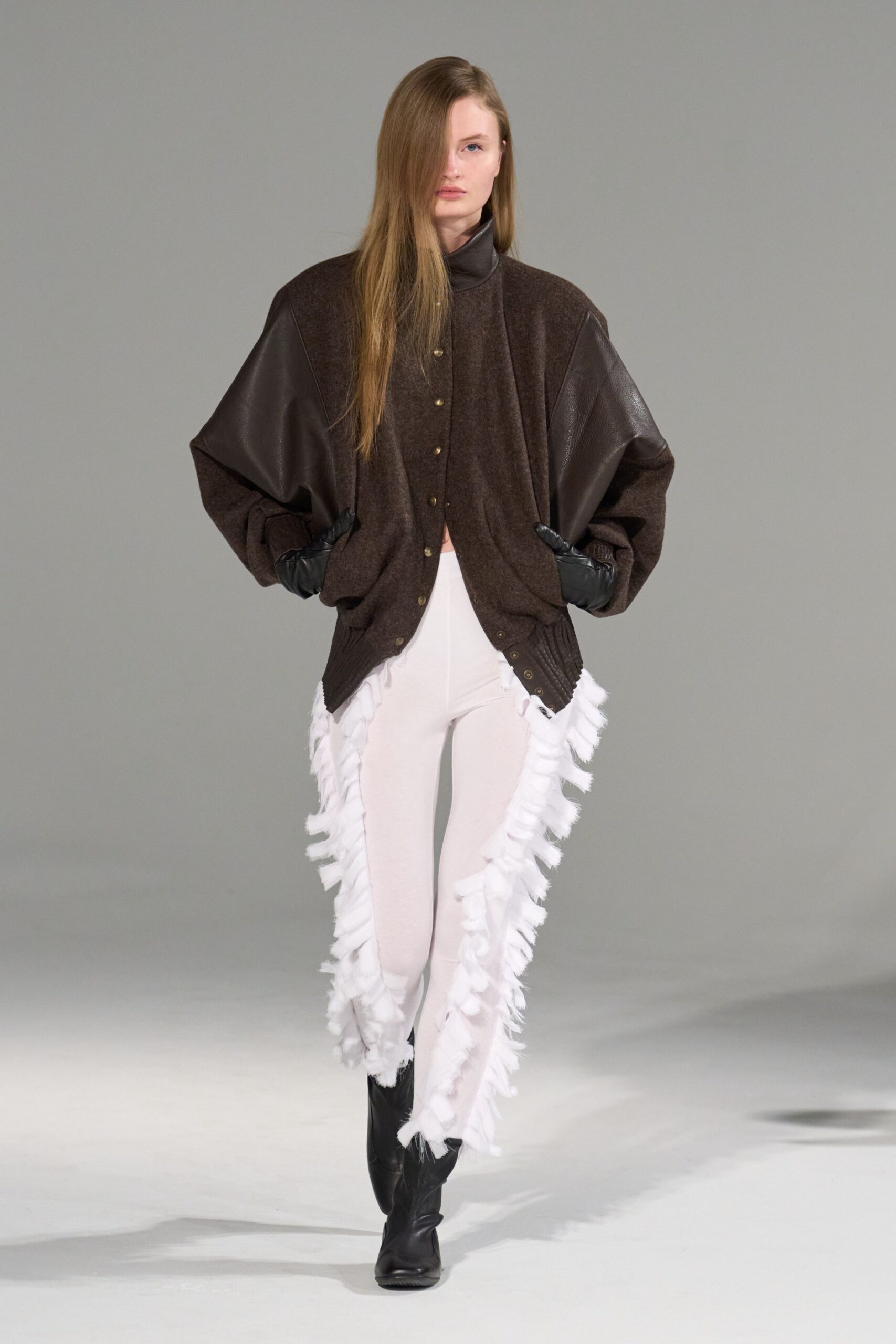brown wool long-sleeve collared oversized buttoned fringed jacket