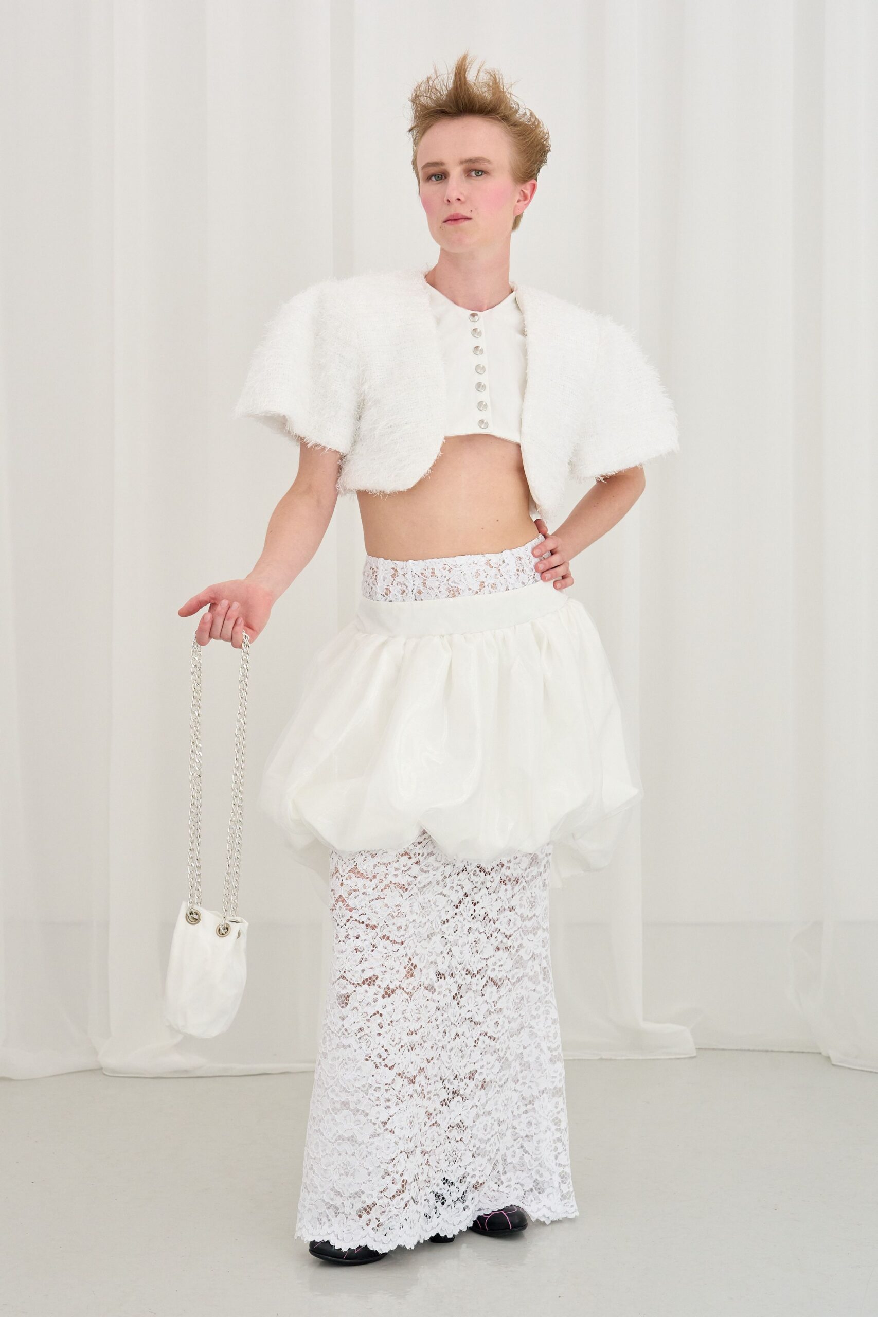 white fur short-sleeve collared fitted cropped top