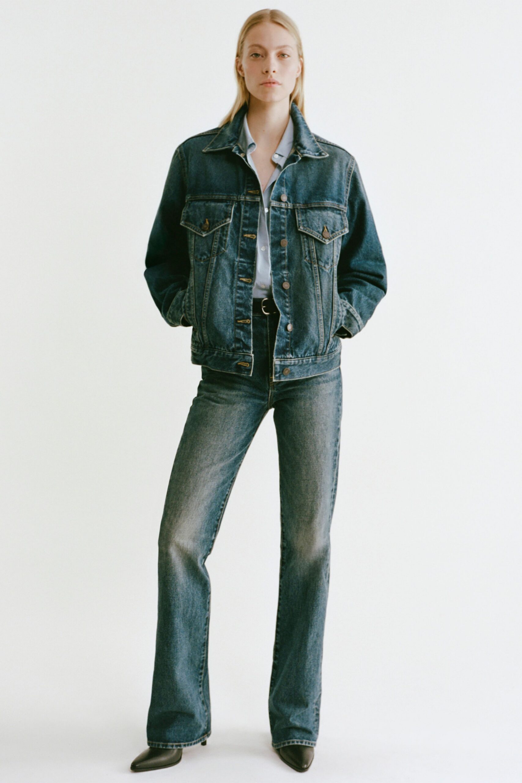 denim jacket with fitted shirt and pants