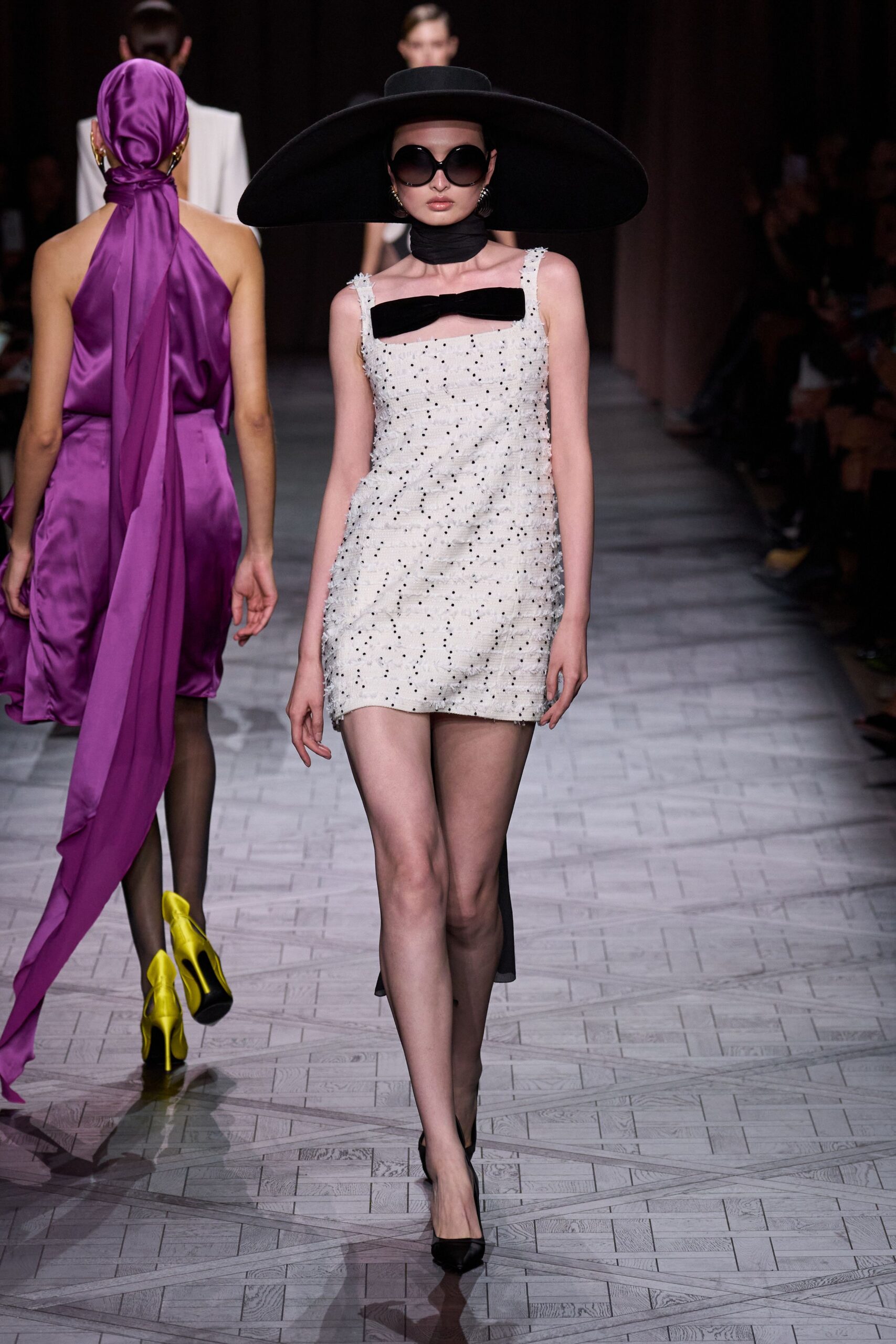 white beaded mini-dress with hat