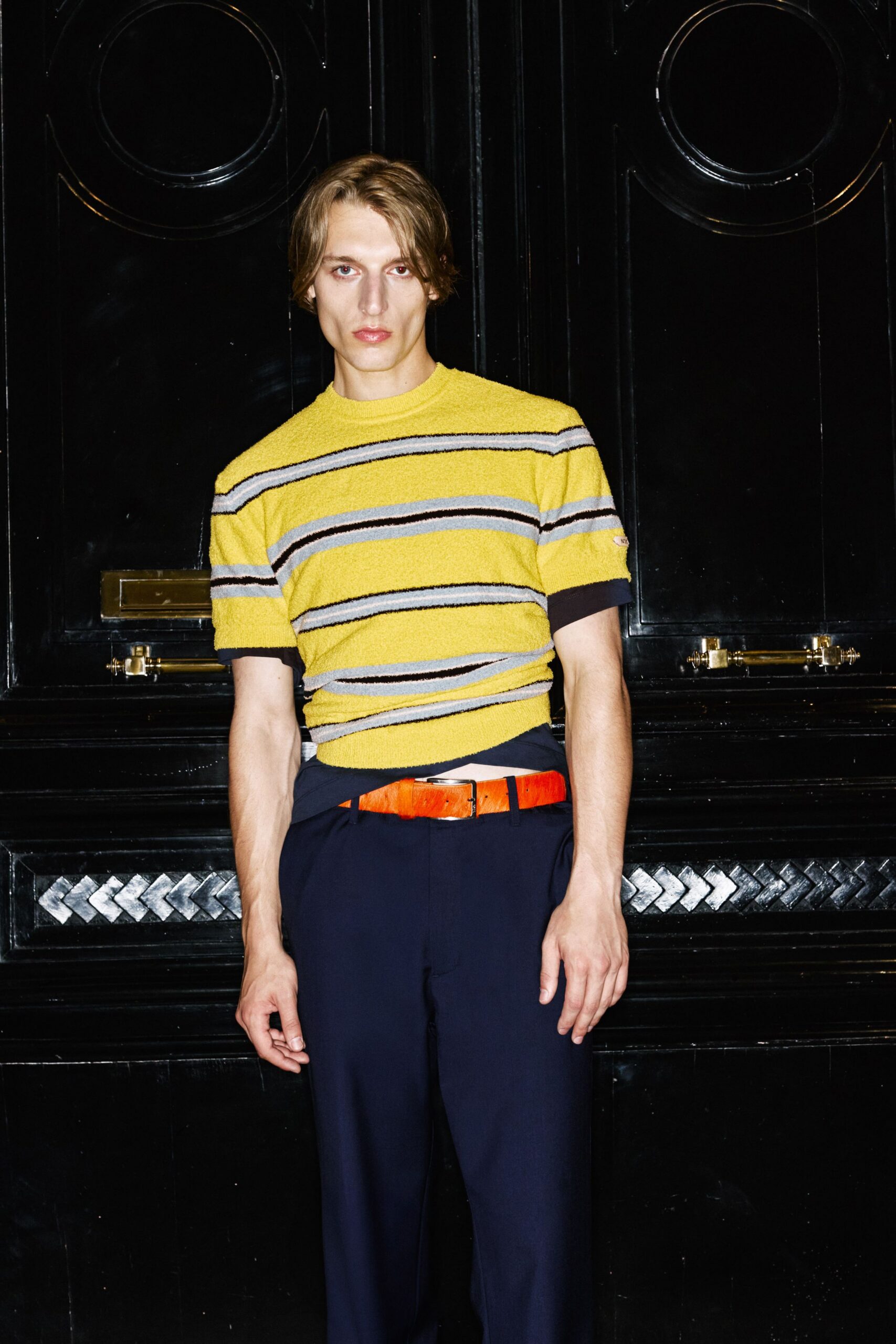 yellow cotton short-sleeve collared fitted striped top