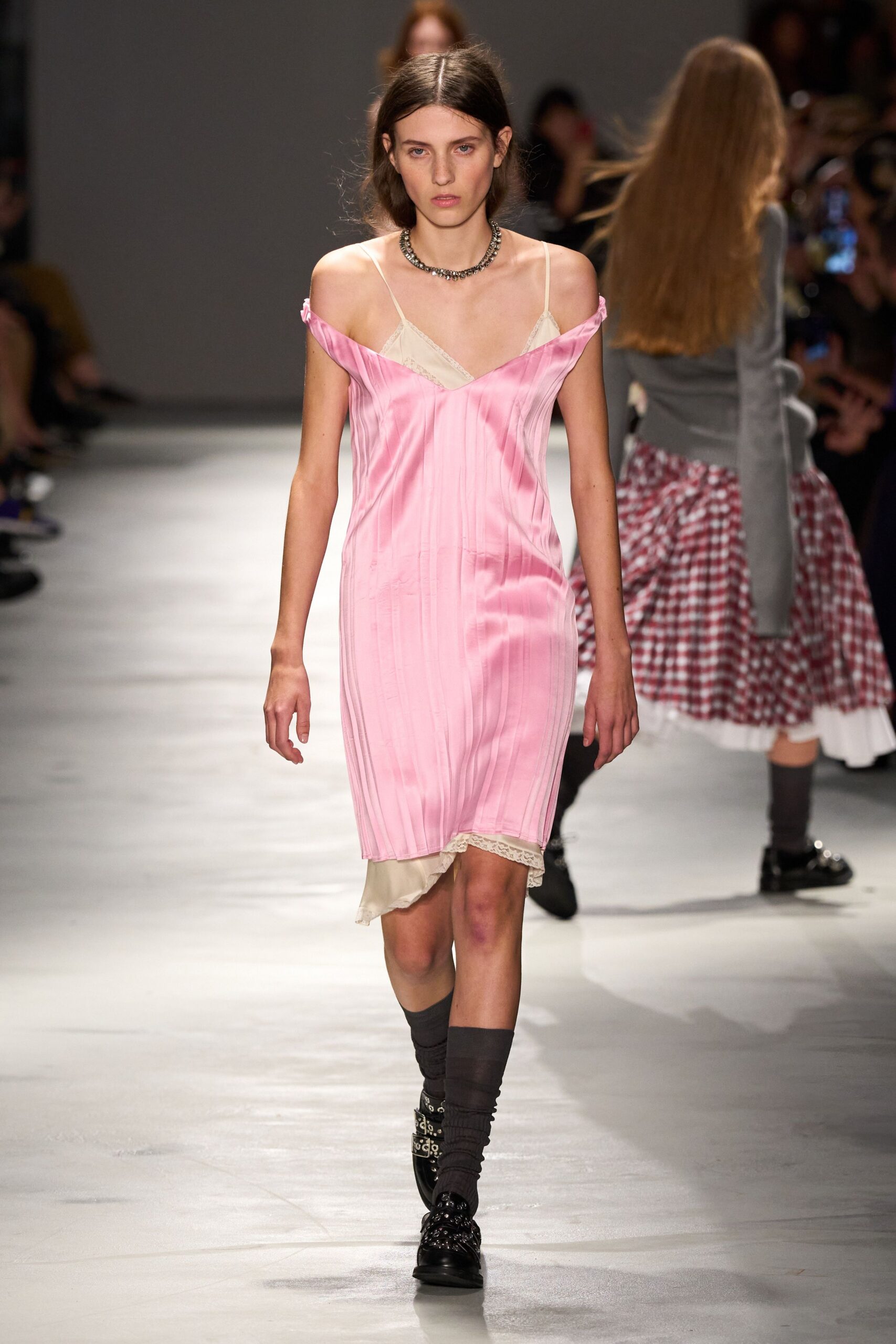 pink silk sleeveless v-neck fitted pleated mini dress
