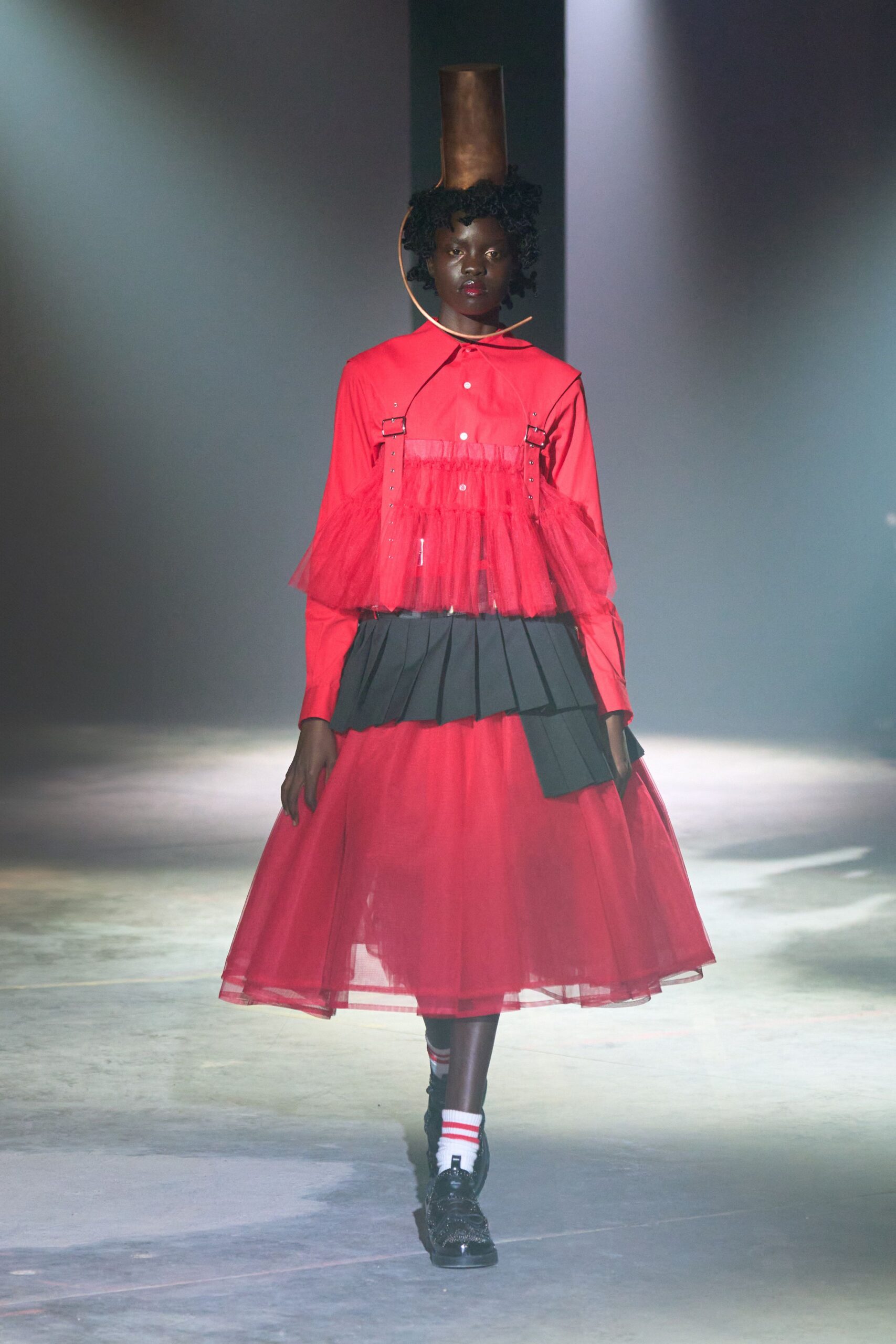 red cotton long-sleeve collared fitted pleated layered shirt-dress