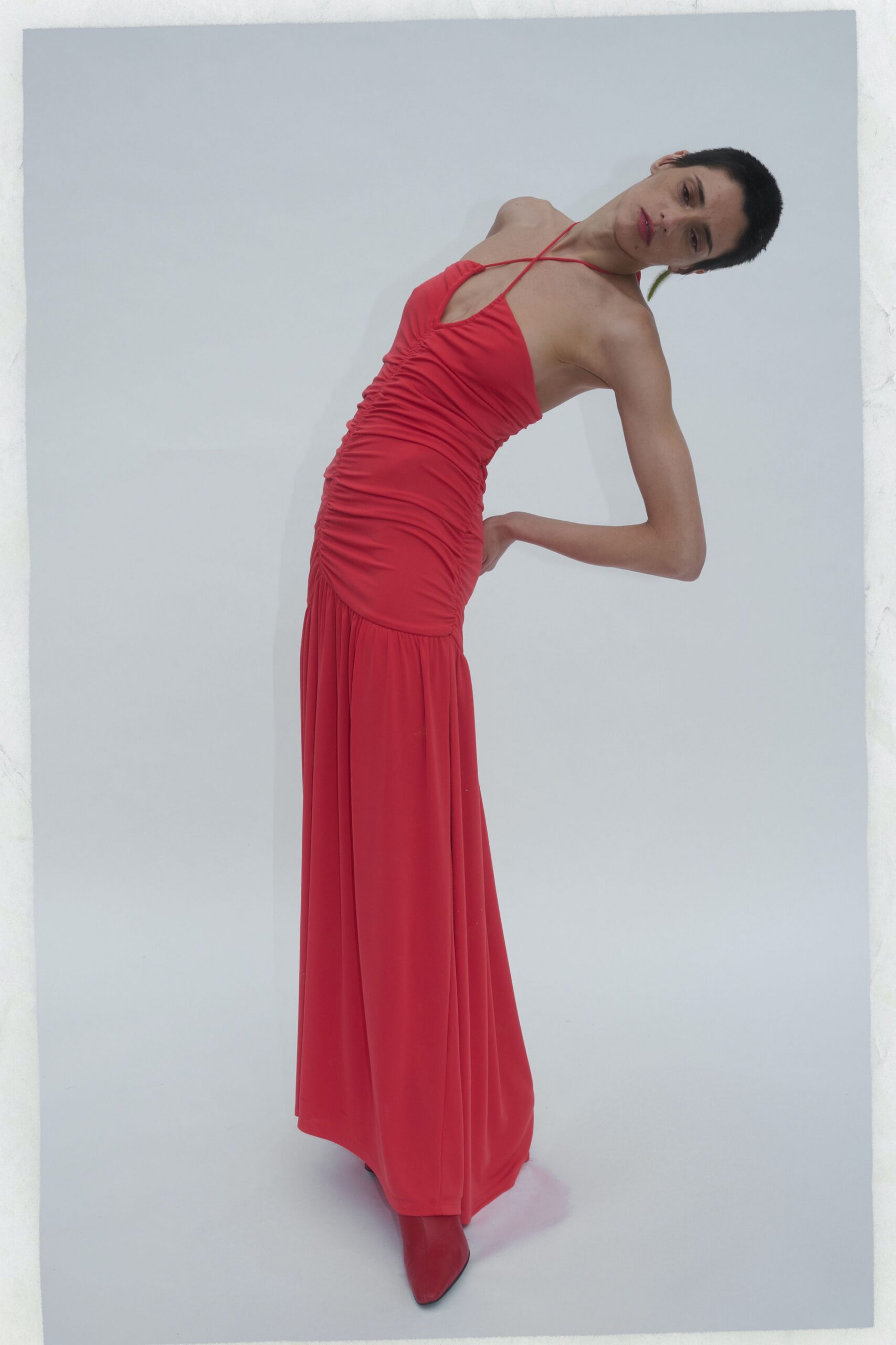red silk halter gown with heels