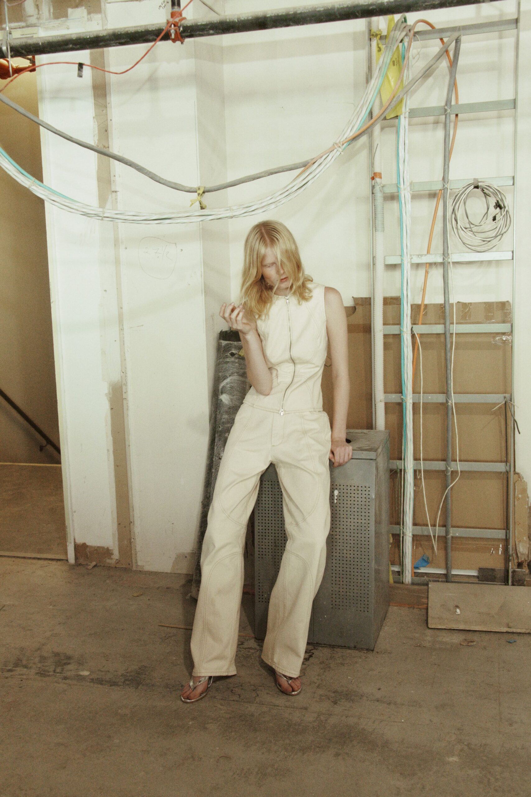 beige cotton sleeveless collared fitted zippered jumpsuit