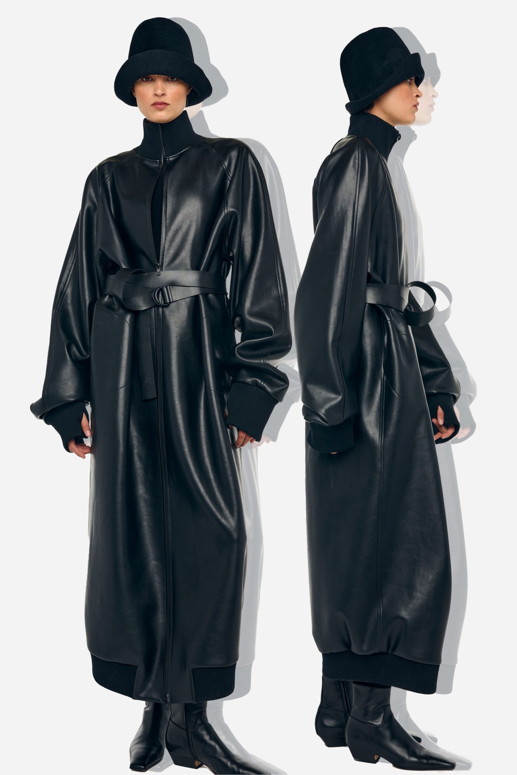 black leather long-sleeve high-neck relaxed zippered belted coat