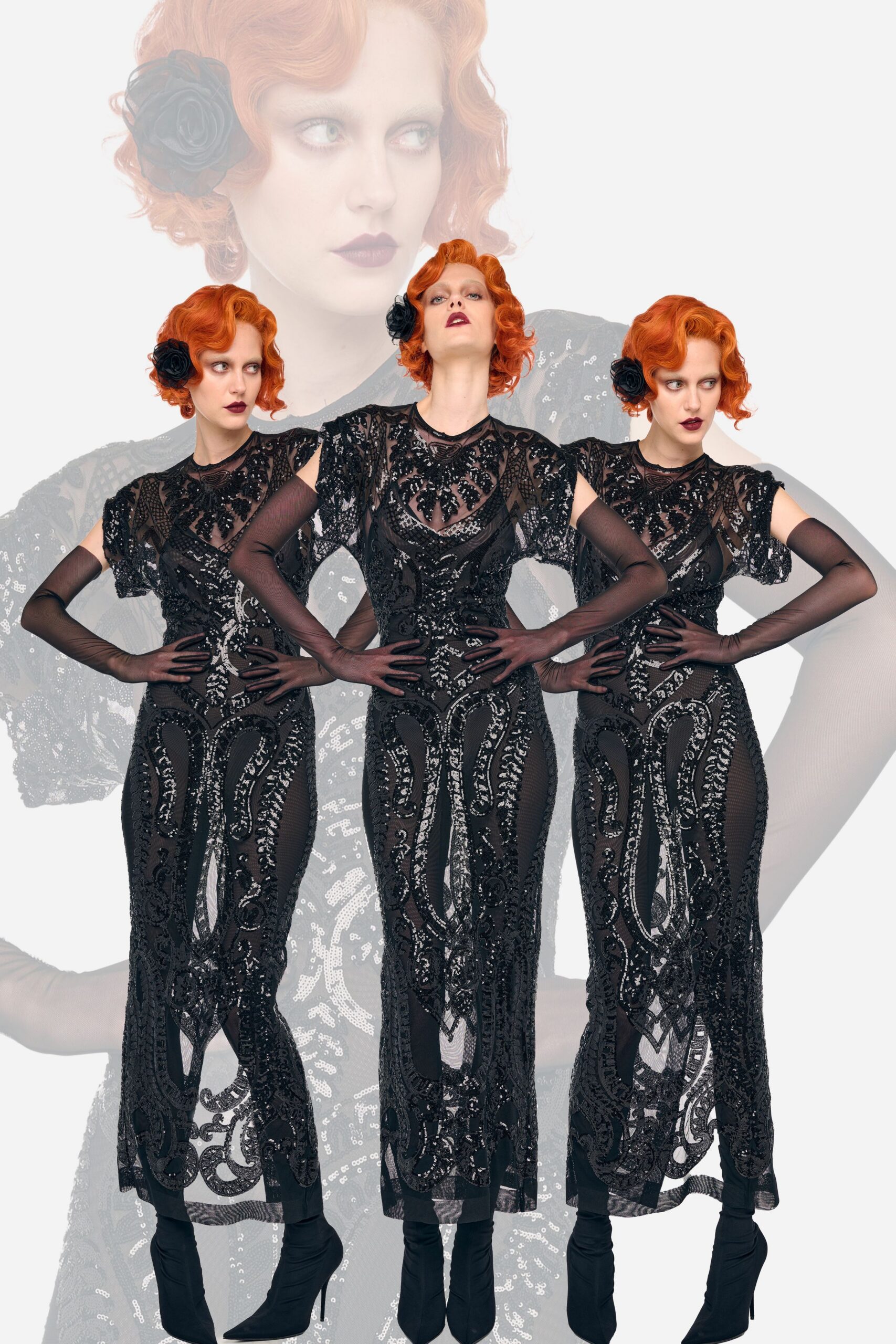 black lace fitted gown with boots
