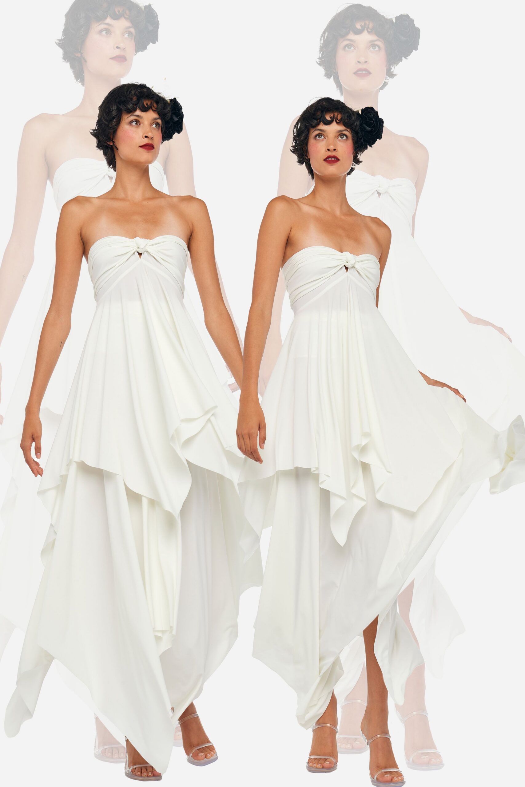 white silk strapless fitted draped tiered flowing gown
