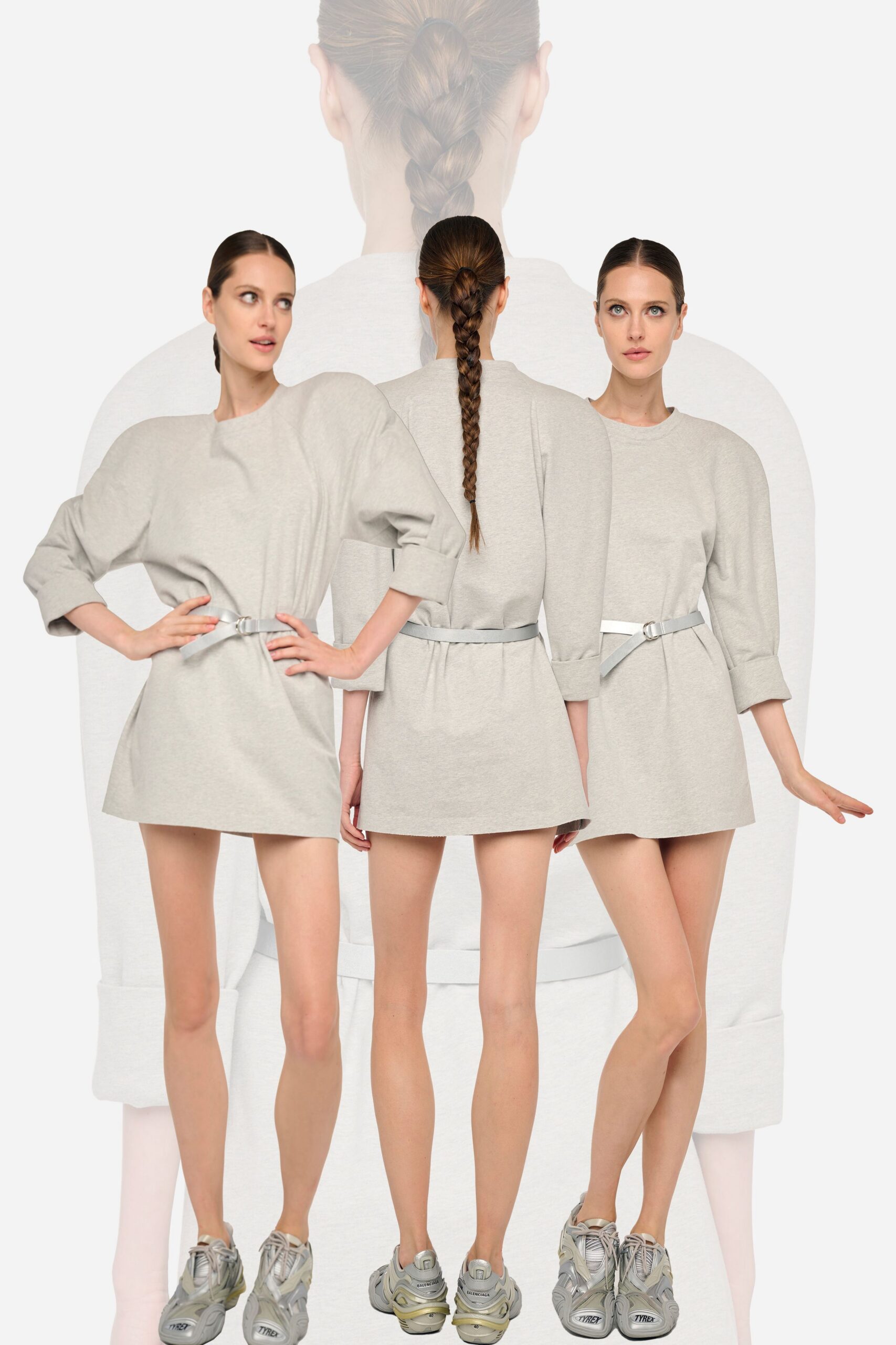 gray cotton long-sleeve collared relaxed belted short dress