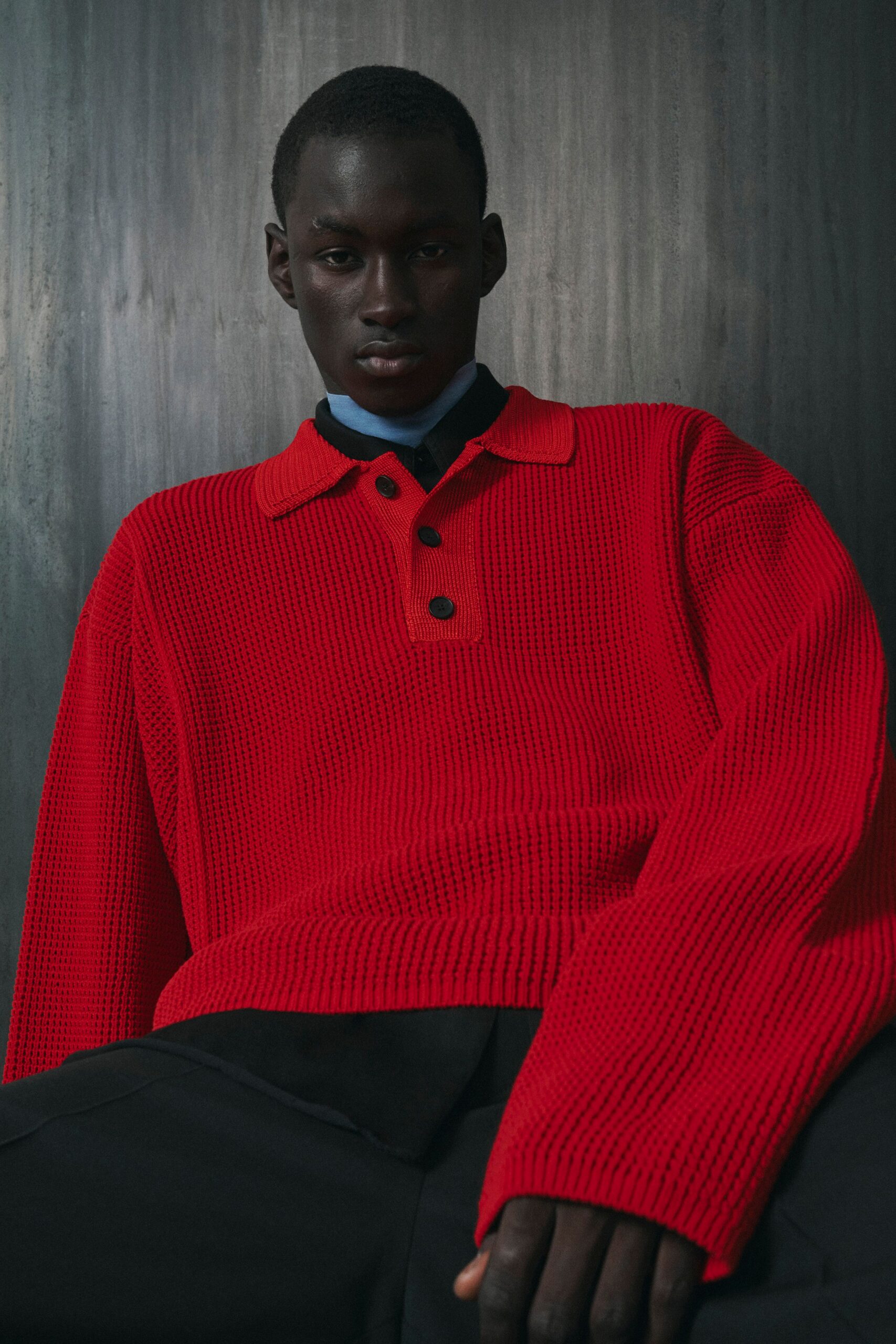 red cotton long-sleeve collared relaxed ribbed sweater