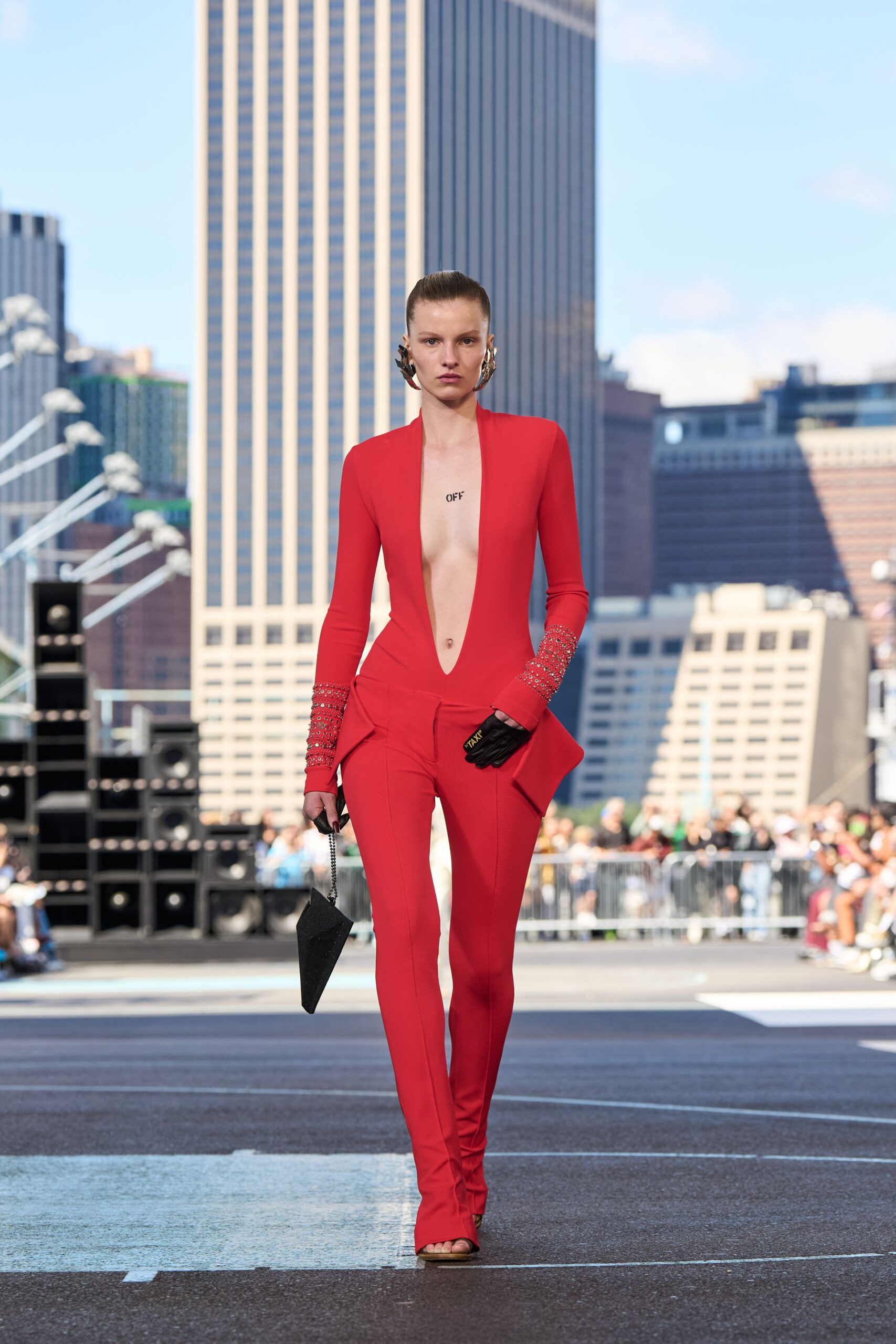 red cotton long-sleeve v-neck fitted zippered jumpsuit