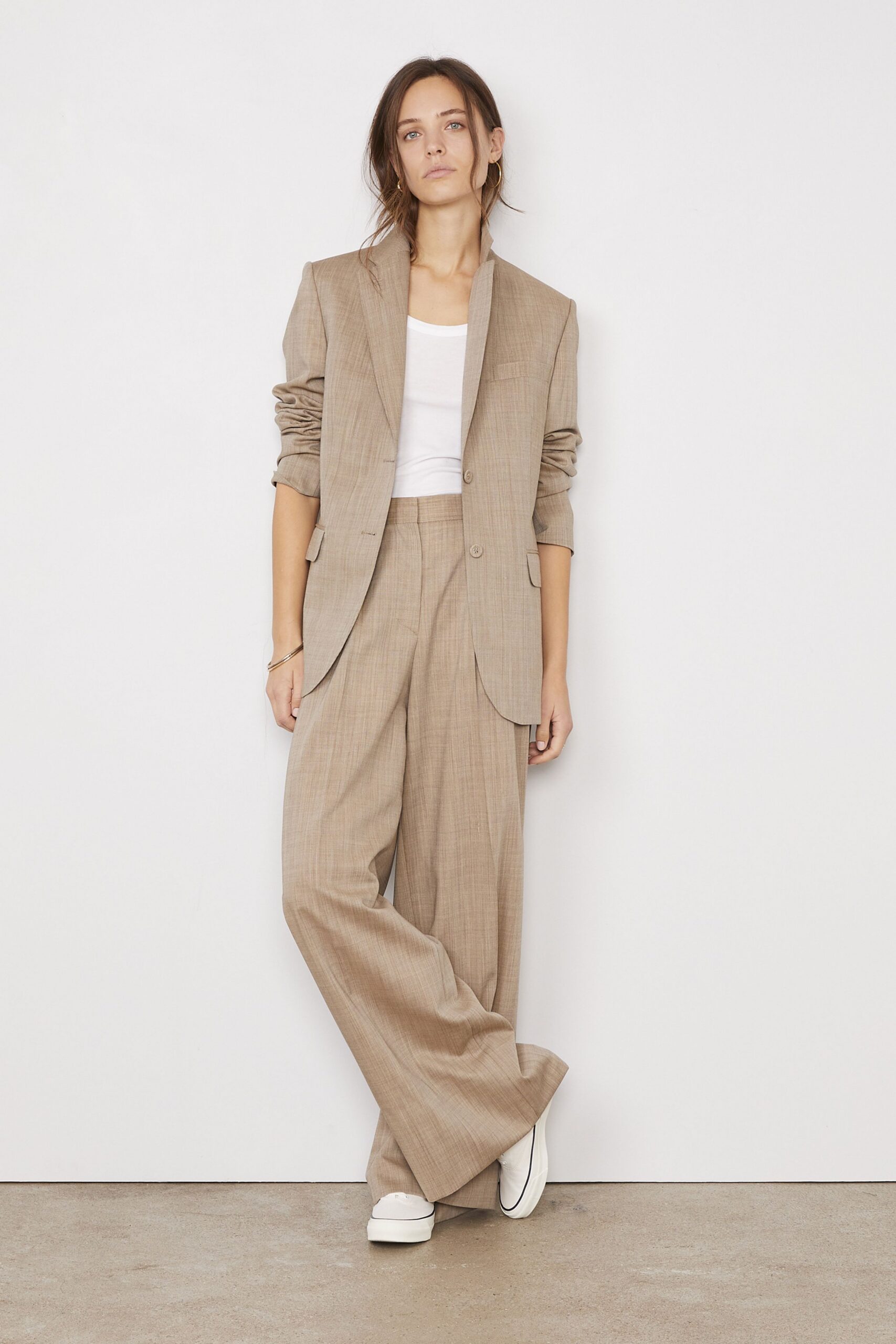 beige tailored blazer with wide-leg pants