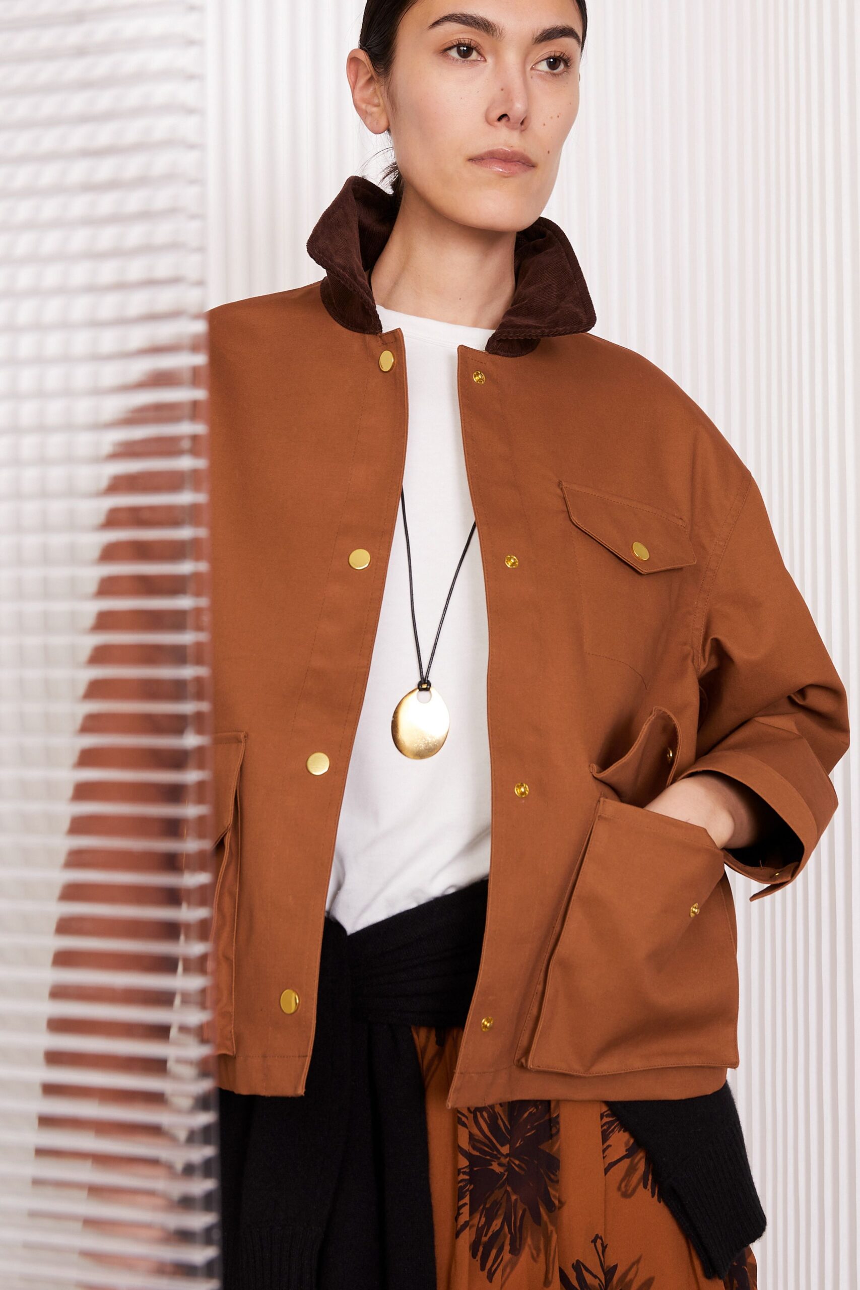 brown relaxed jacket with white t-shirt