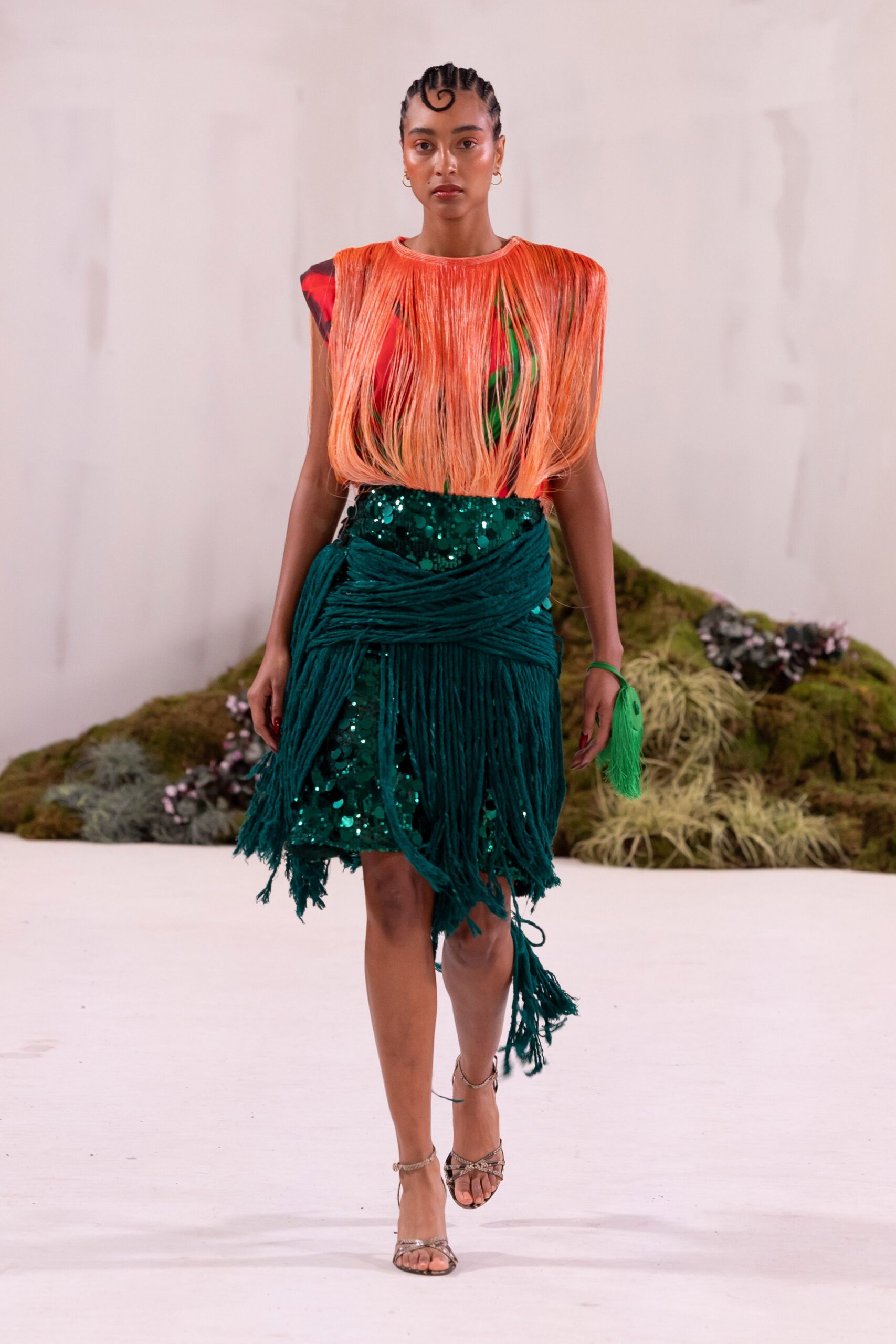 orange silk sleeveless relaxed fringed top