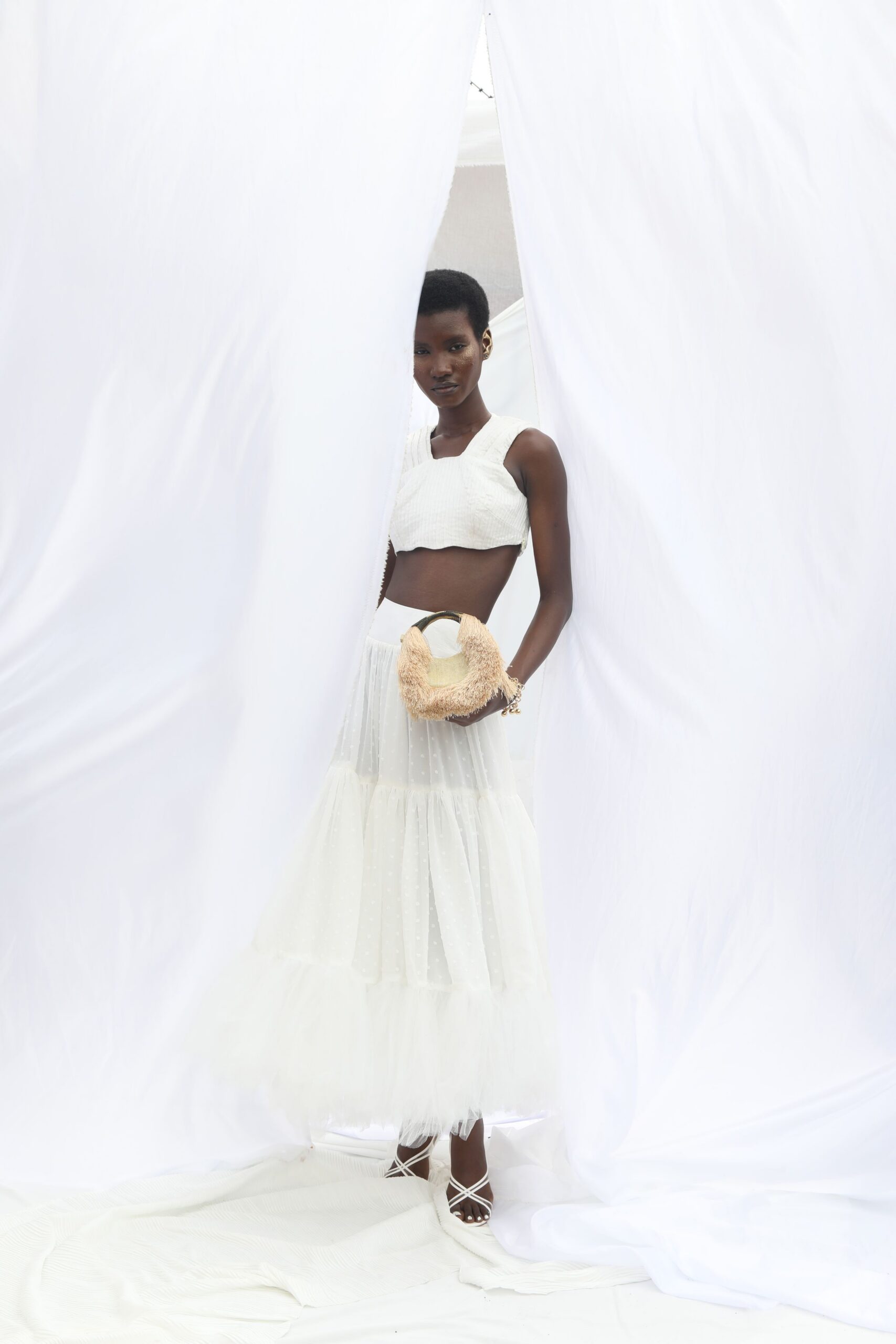 white cotton sleeveless high-neck fitted pleated cropped crop-top