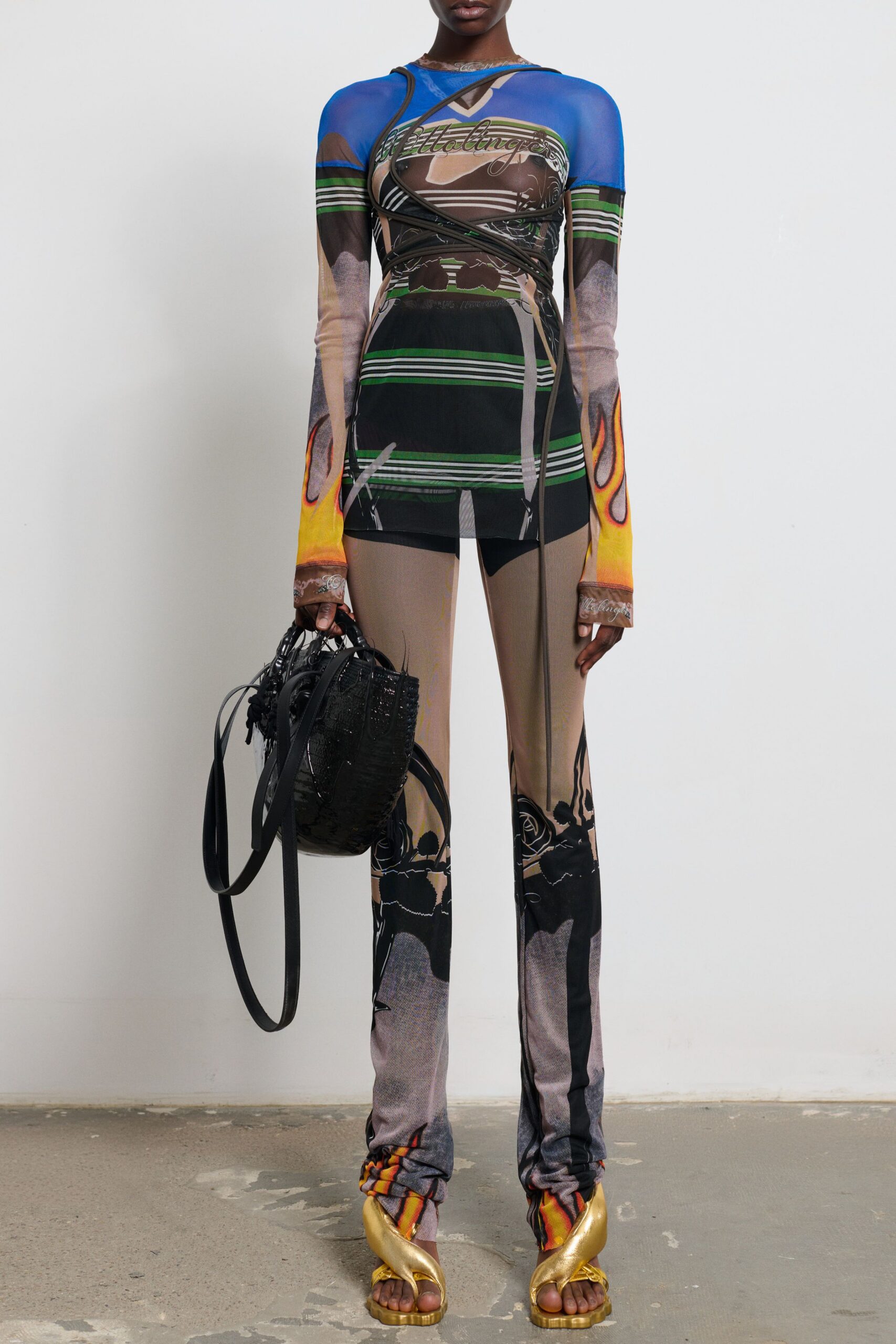 blue jersey long-sleeve high-neck fitted printed catsuit