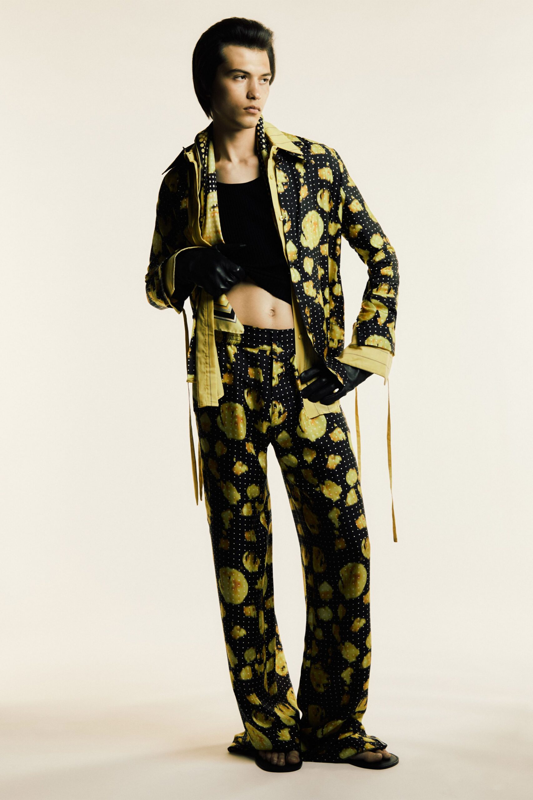 yellow cotton long-sleeve collared relaxed printed jacket