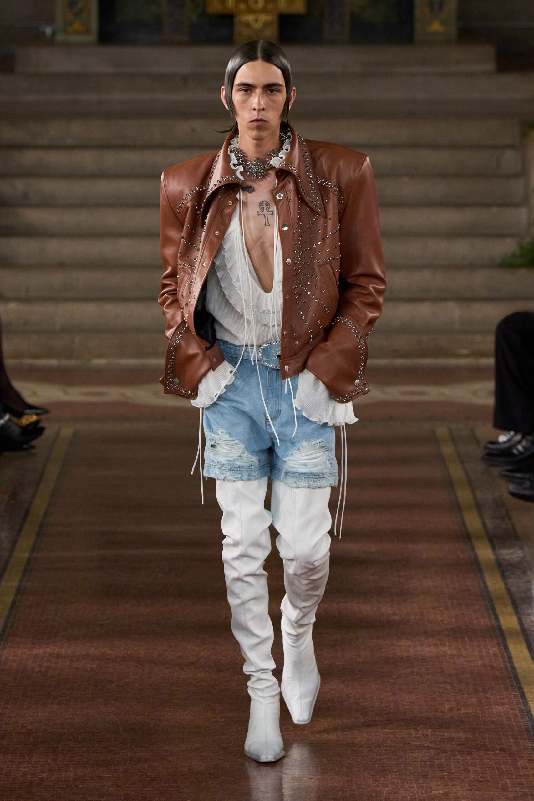 brown leather jacket with white shirt