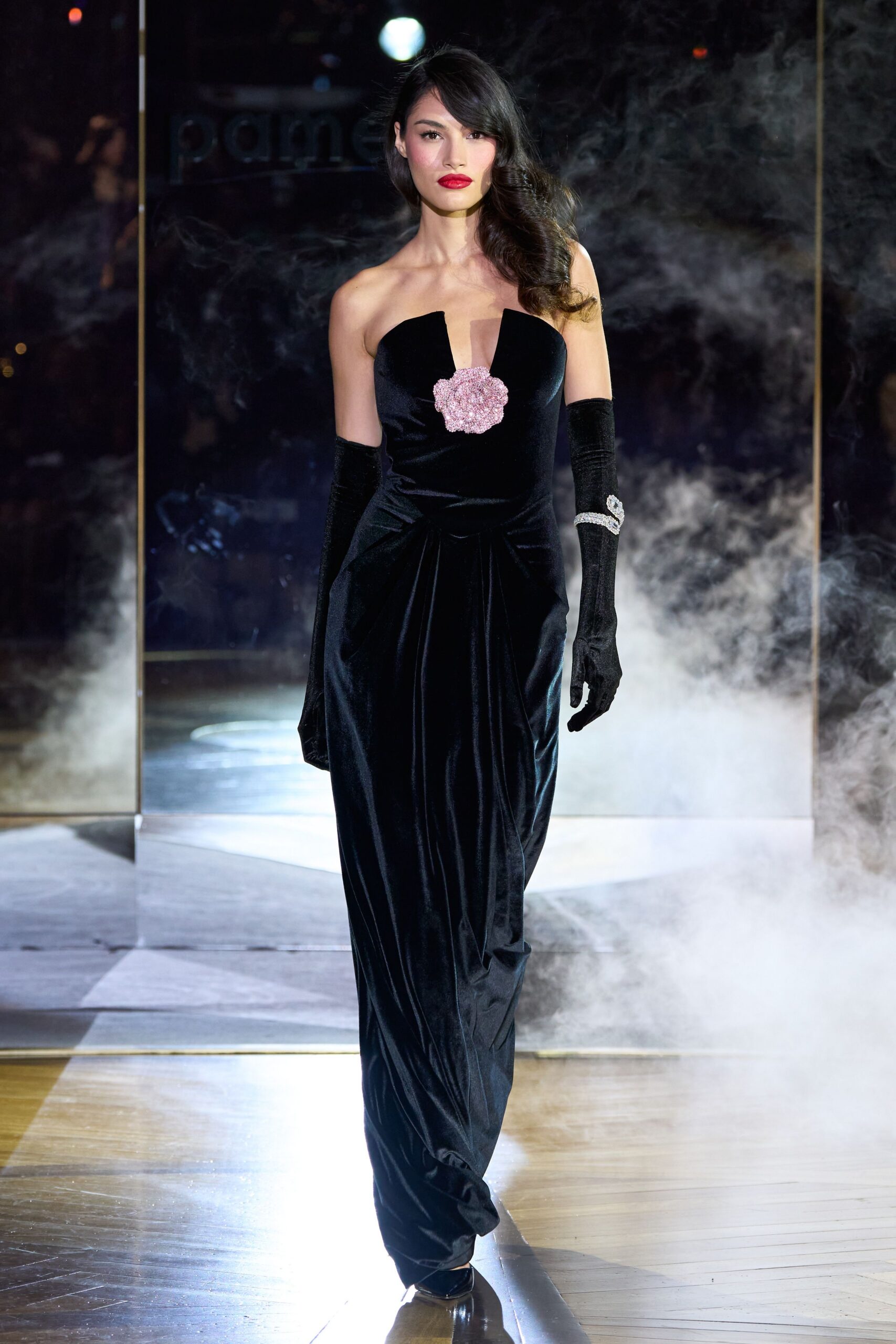 black velvet strapless v-neck fitted draped maxi gown
