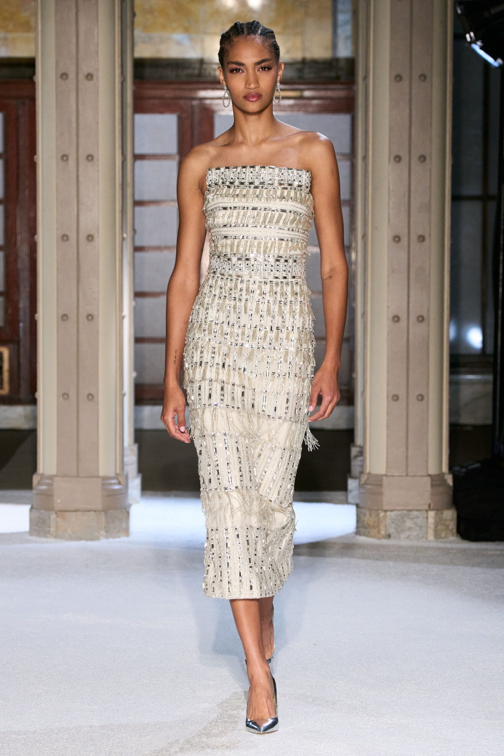 beige silk strapless fitted pleated embellished midi dress