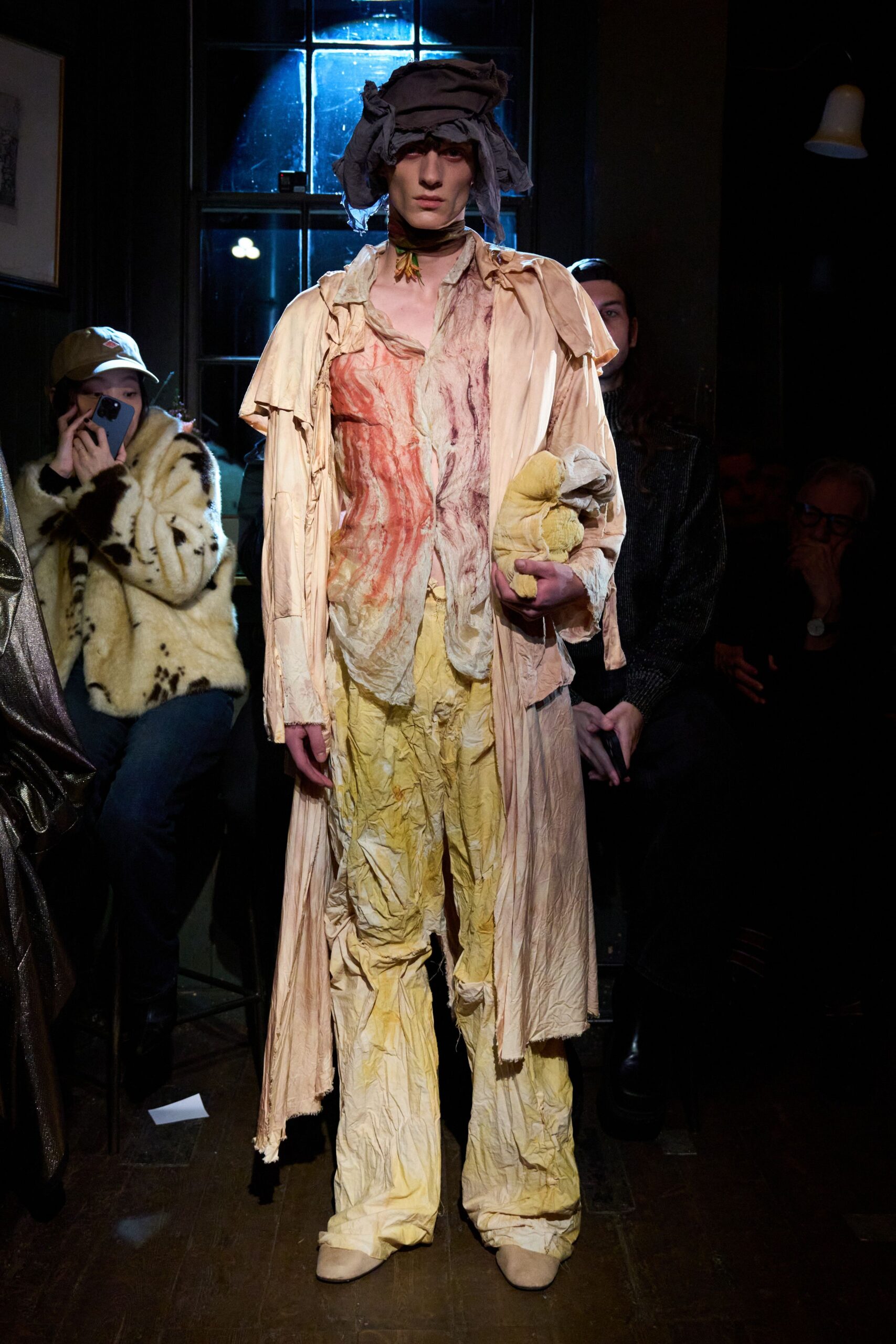 beige cotton long-sleeve collared relaxed layered draped coat