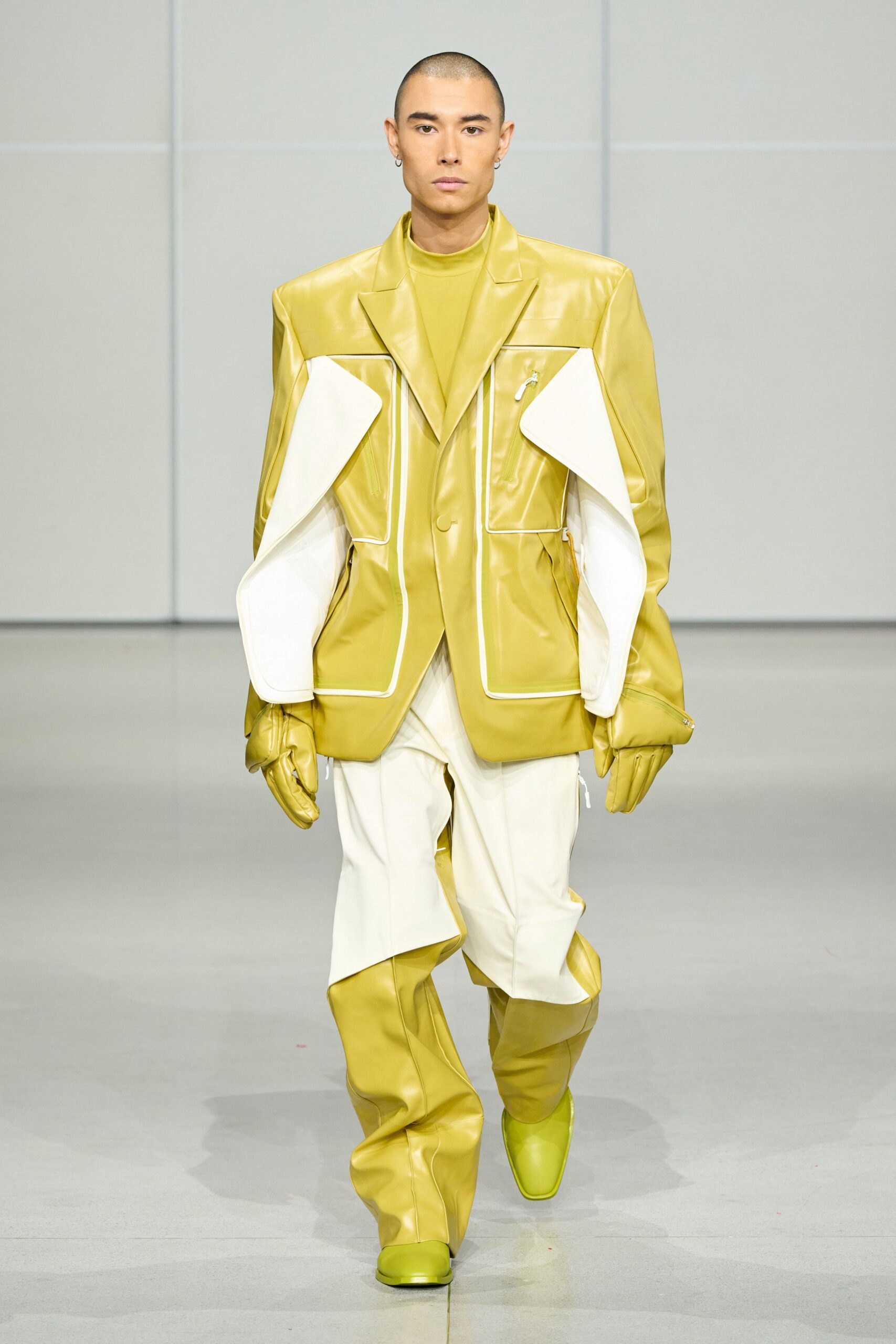 yellow leather long-sleeve collared structured zippered blazer