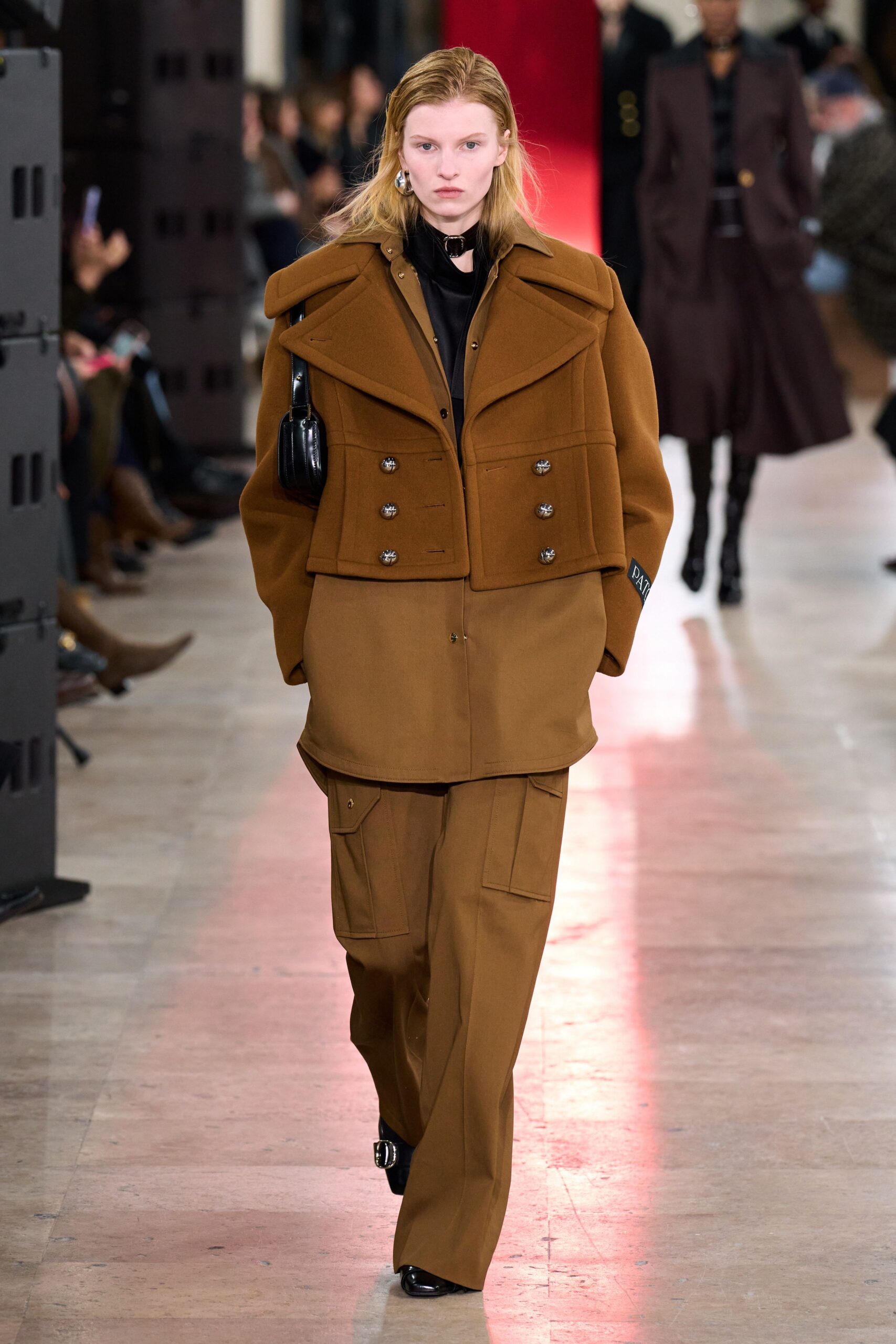 brown wool long-sleeve collared structured buttoned jacket