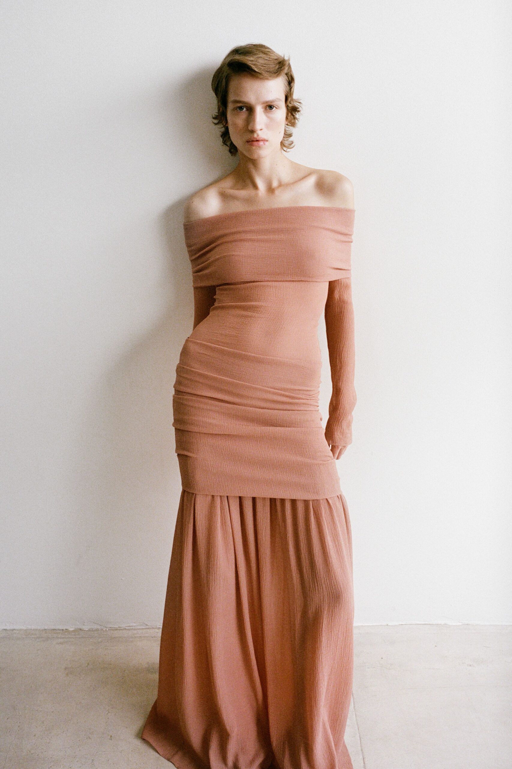 pink off-shoulder ruched maxi dress