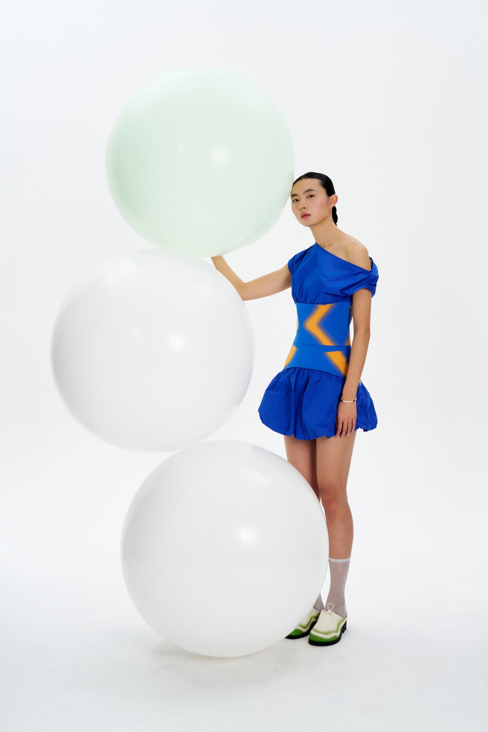 blue cotton off-shoulder short-sleeve fitted pleated flared dress