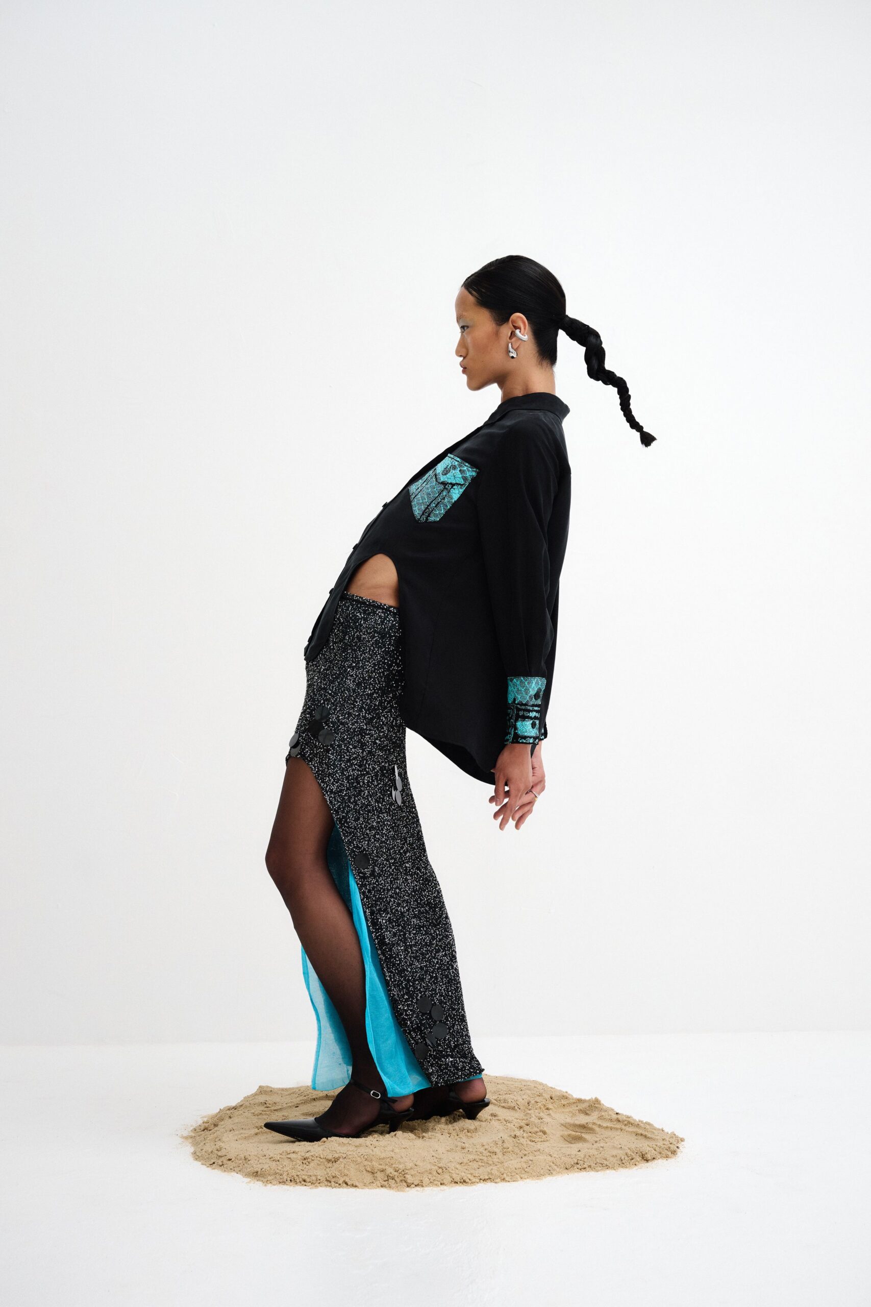 black blazer and maxi skirt