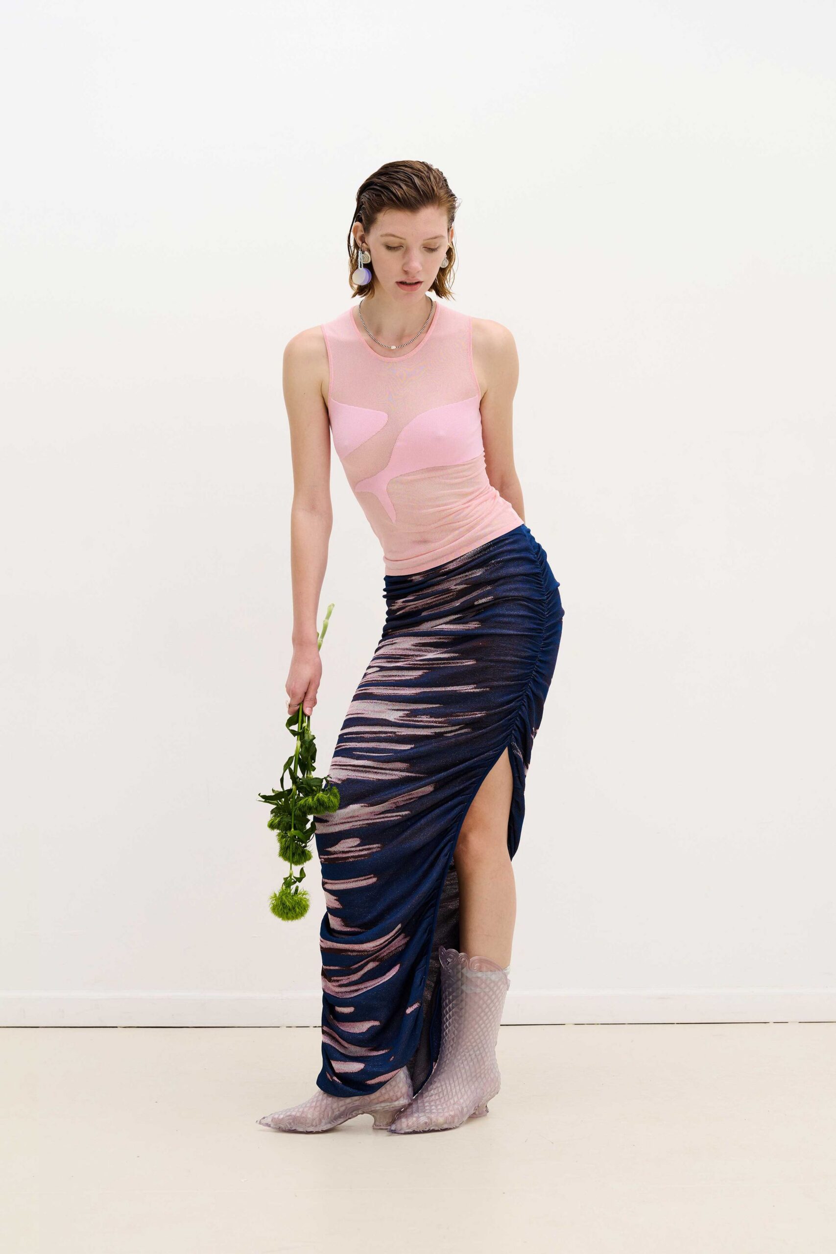 blue silk slit fitted high-waisted ruched flowing skirt