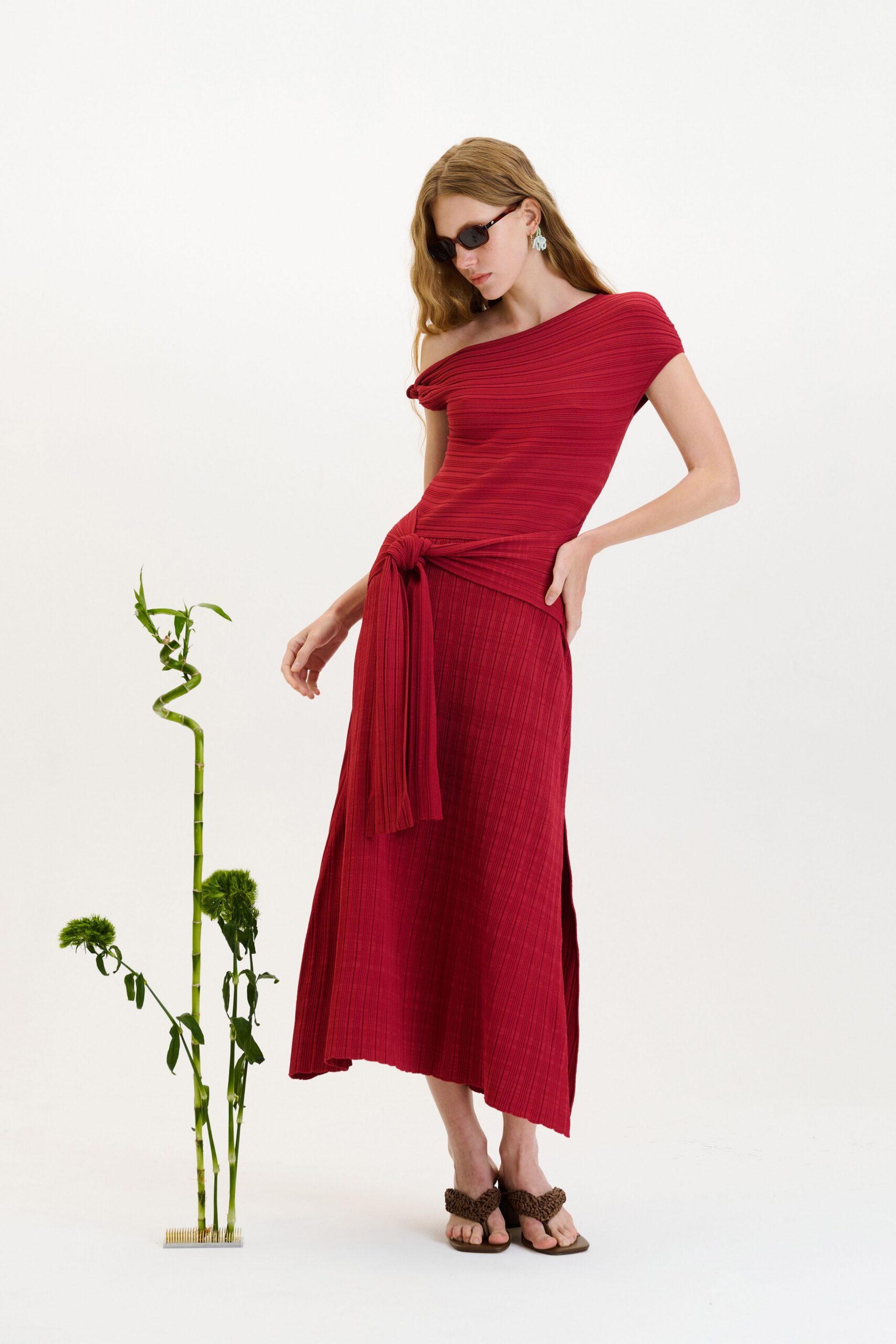 red cotton slit fitted pleated midi skirt