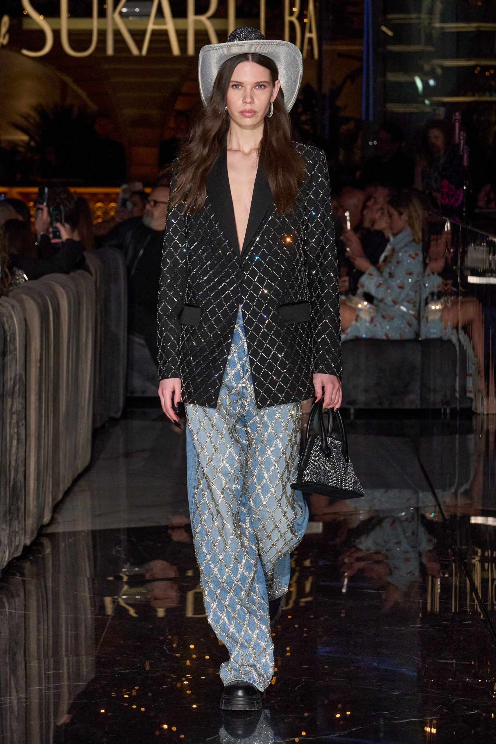 black embroidered blazer with wide-leg pants