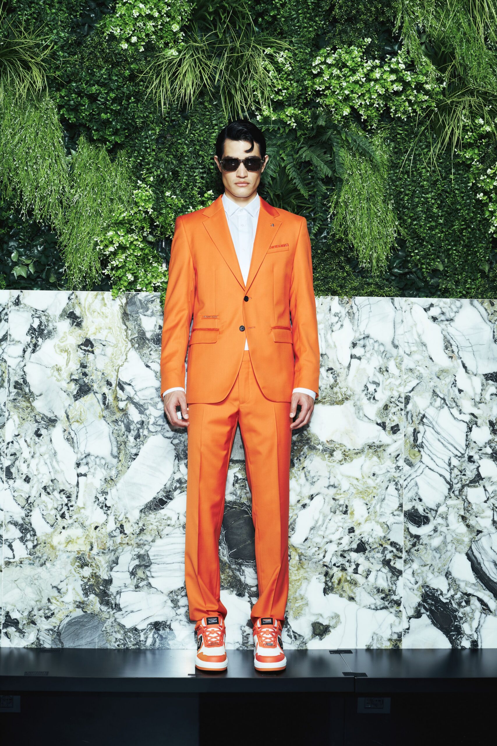 orange long-sleeve collared tailored suit