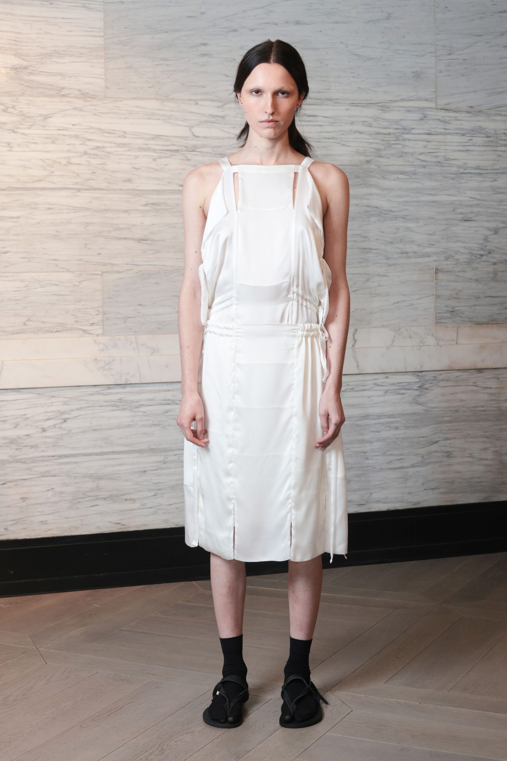 white silk fitted dress