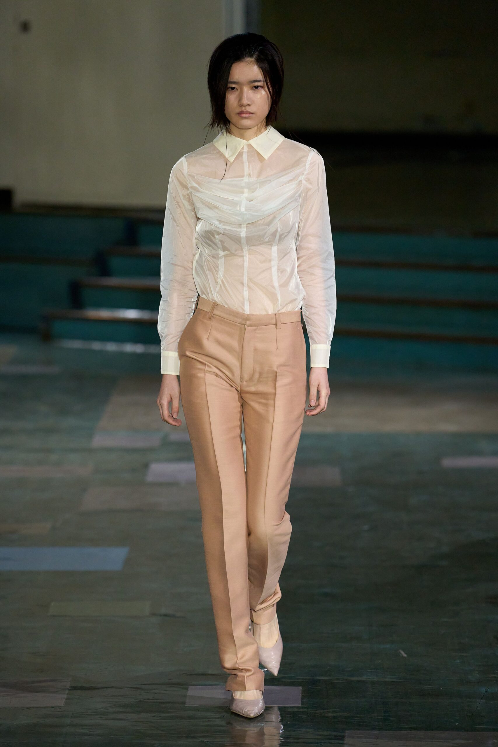 white silk long-sleeve collared fitted pleated sheer shirt