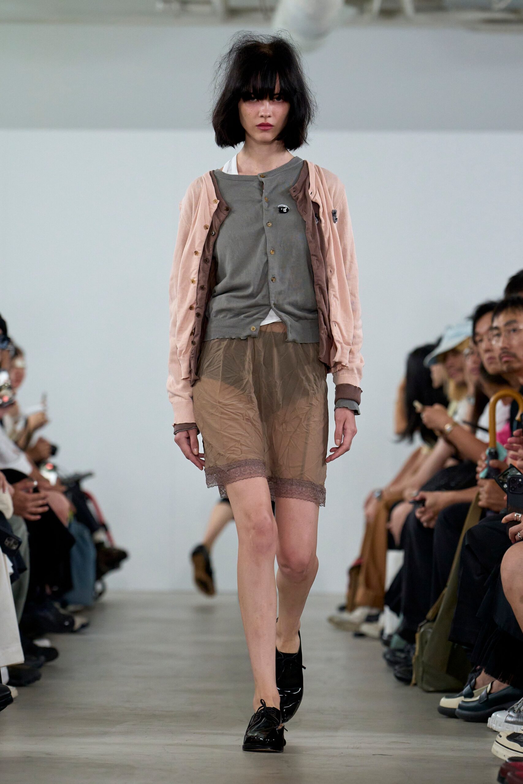 brown silk fitted pleated sheer short skirt