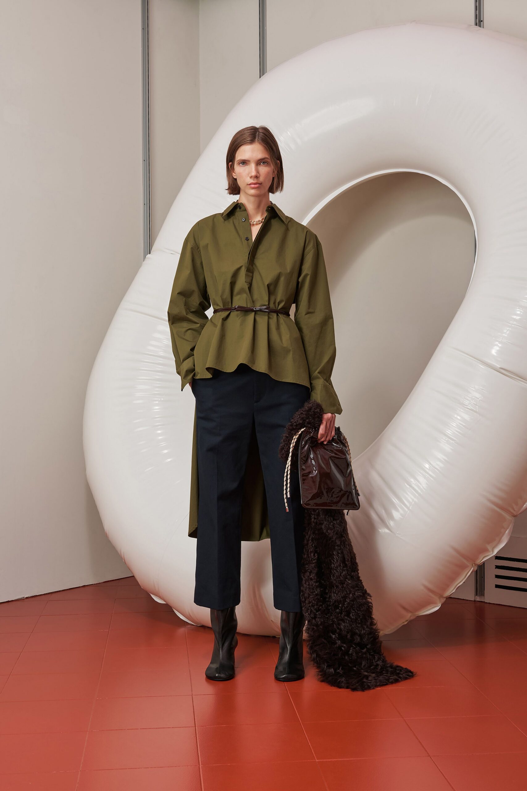 green cotton long-sleeve collared relaxed flared shirt