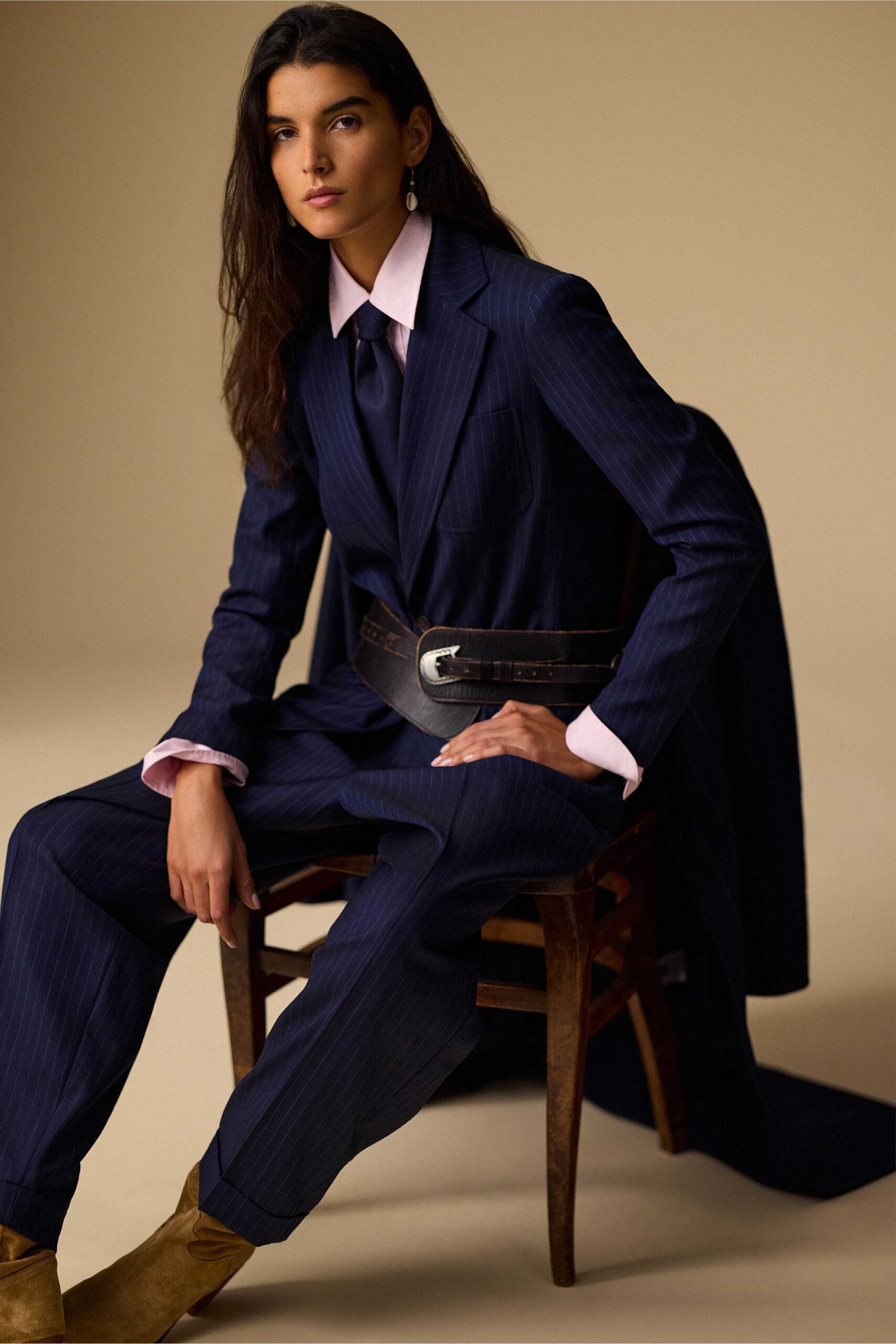 blue wool long-sleeve collared tailored striped buttoned suit