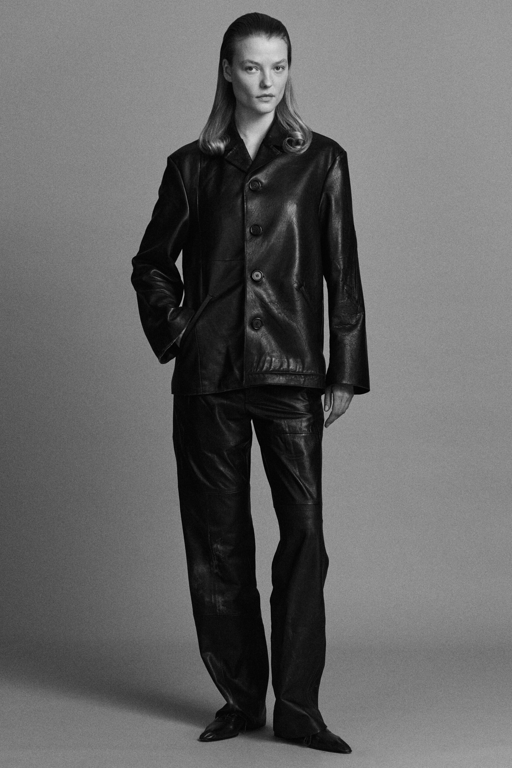 black leather blazer and pants