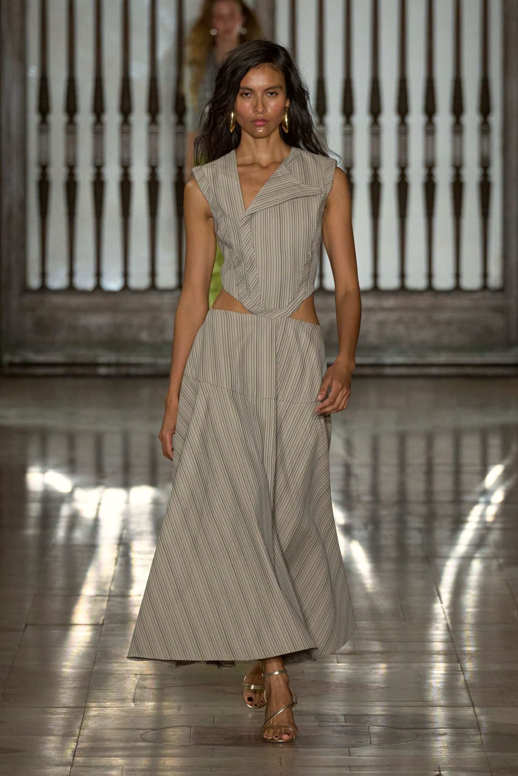 beige gray striped midi dress with cutout