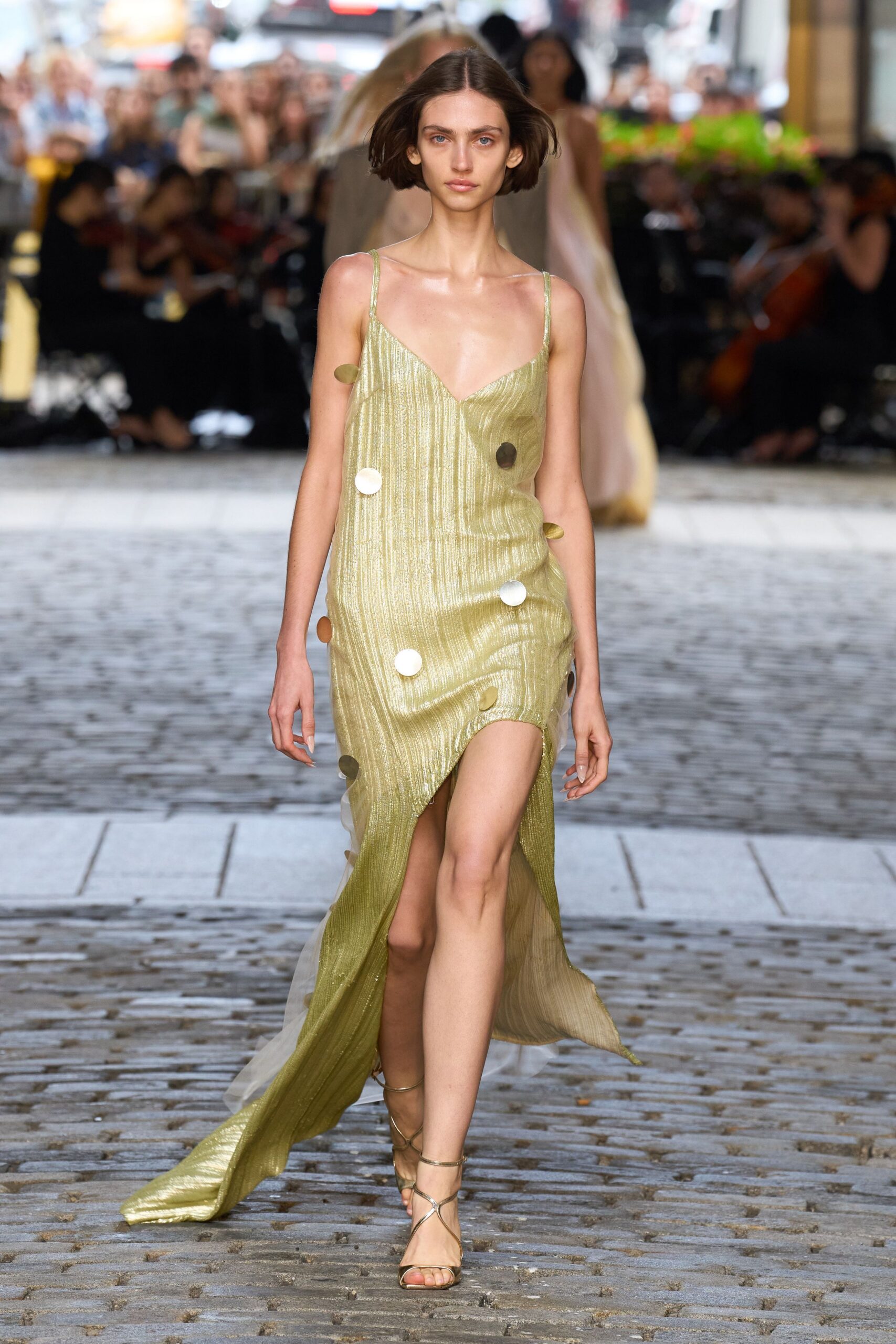 green silk sleeveless v-neck fitted draped flowing dress